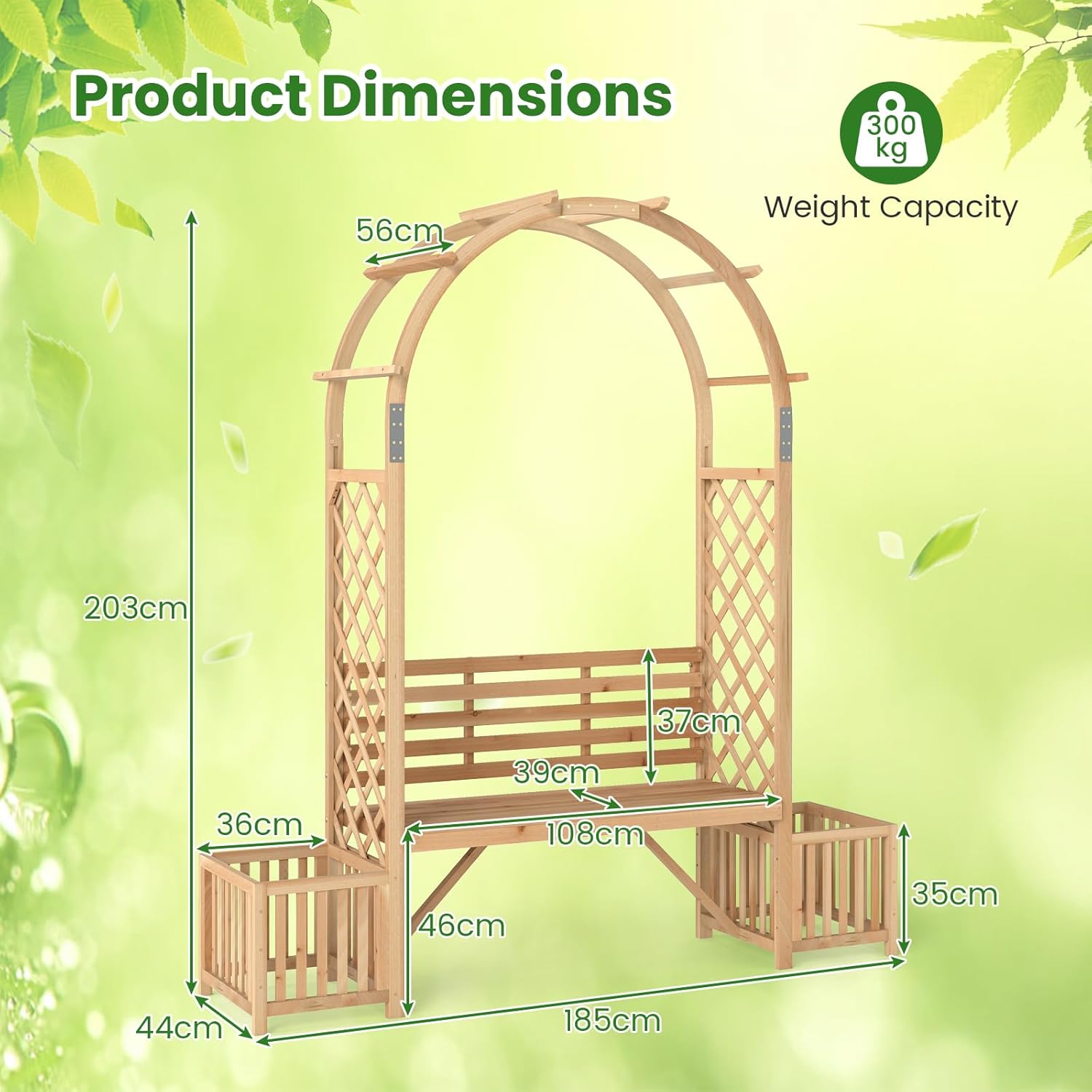 Wooden Garden Arch with Bench & Planters Trellis Pergola Seat