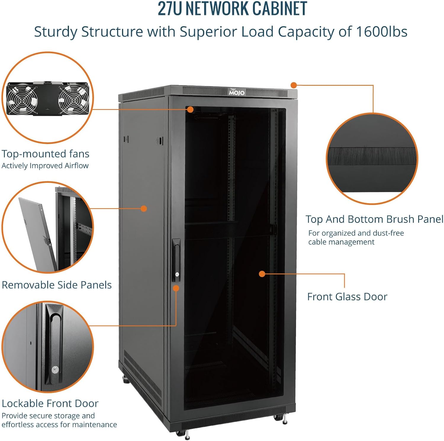 27U Free Standing Server Rack Cabinet Glass Door 600mm