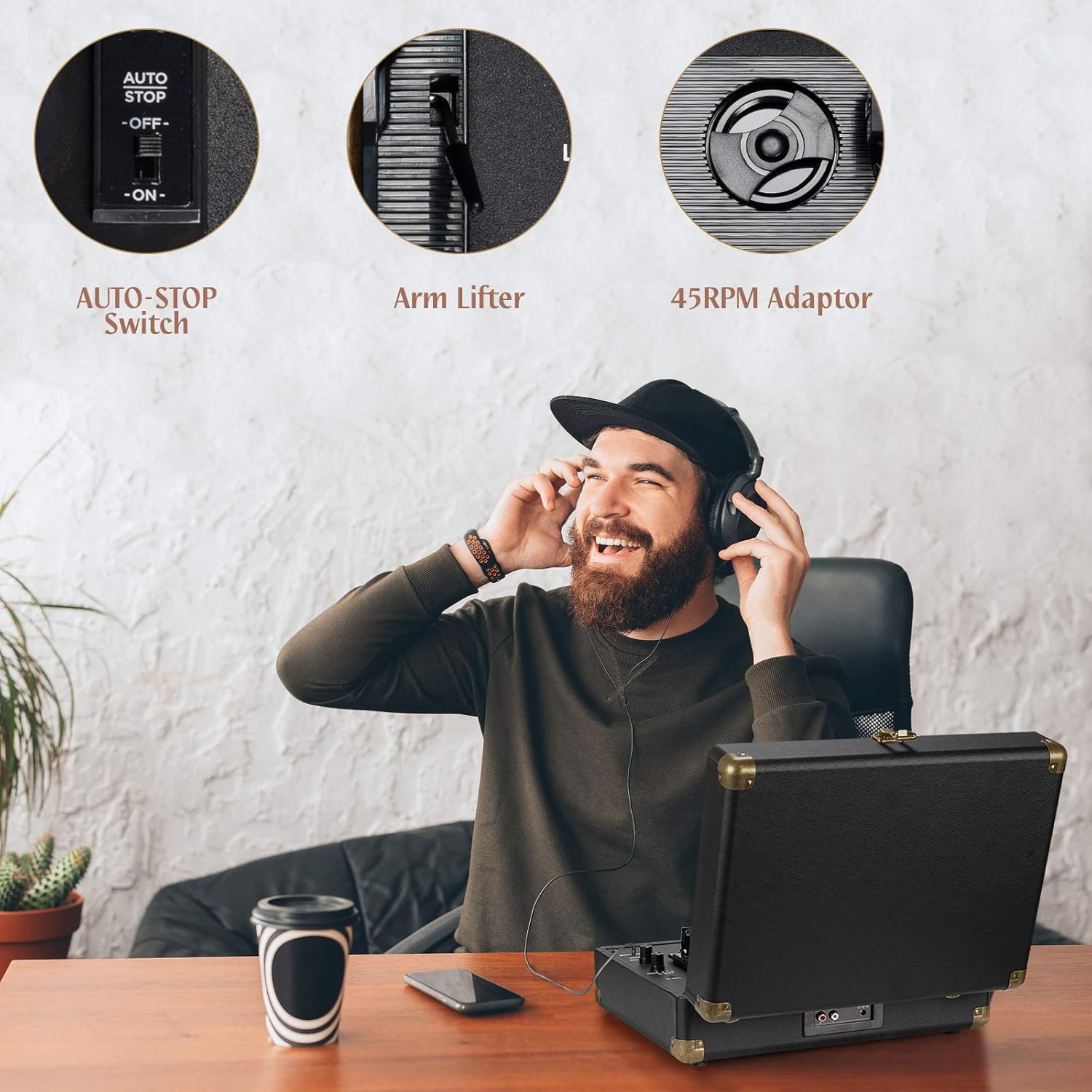 Portable 3-Speed Vinyl Record Player Bluetooth Suitcase Turntable