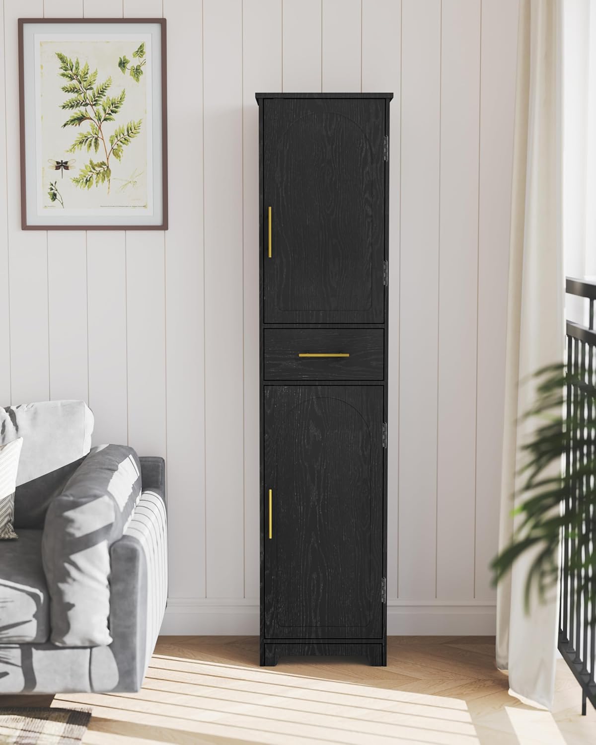 Tall Slim Storage Cabinet Black Drawer Doors Adjustable Shelf