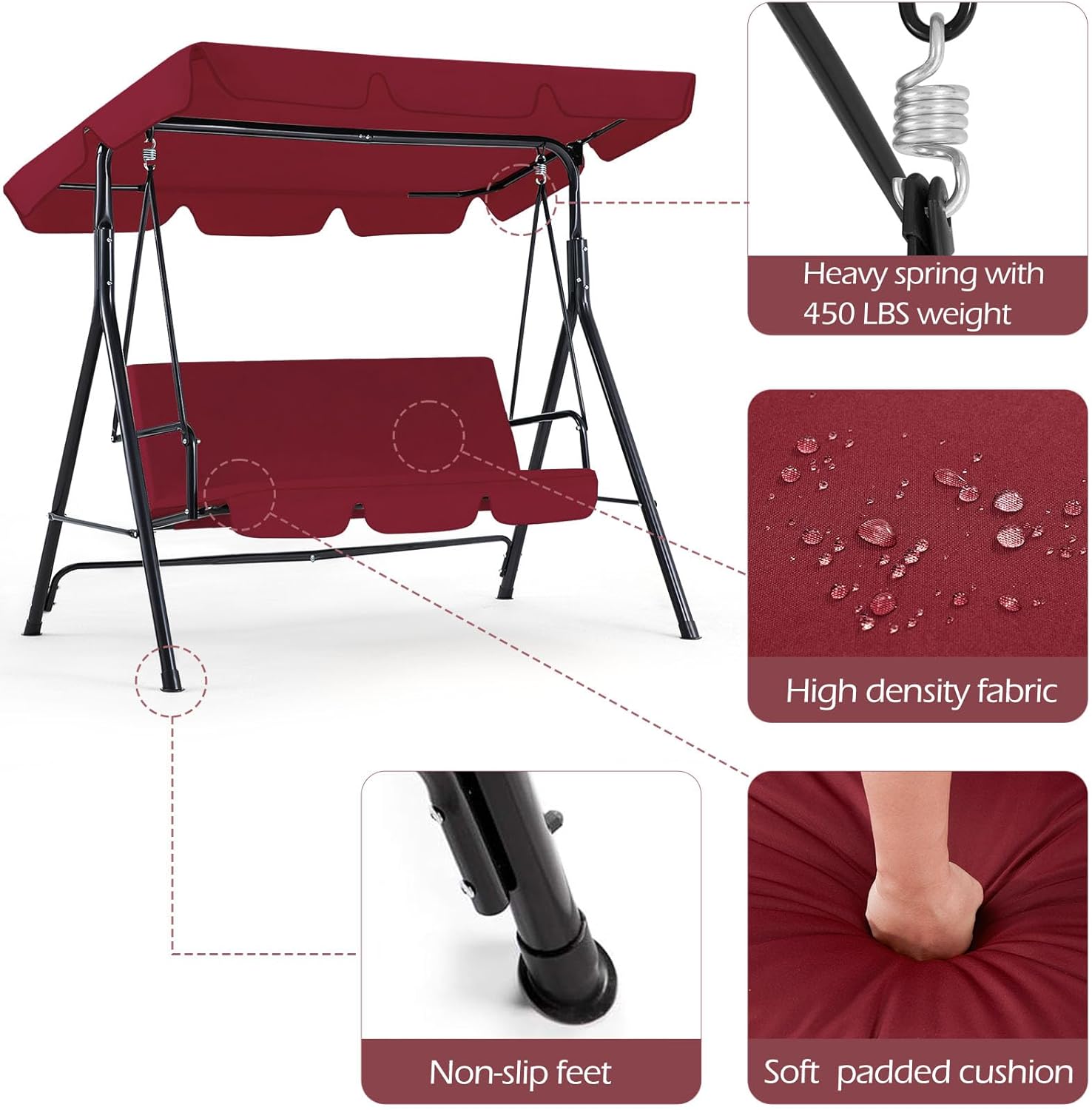 Red 3 Seater Garden Swing Chair with Canopy