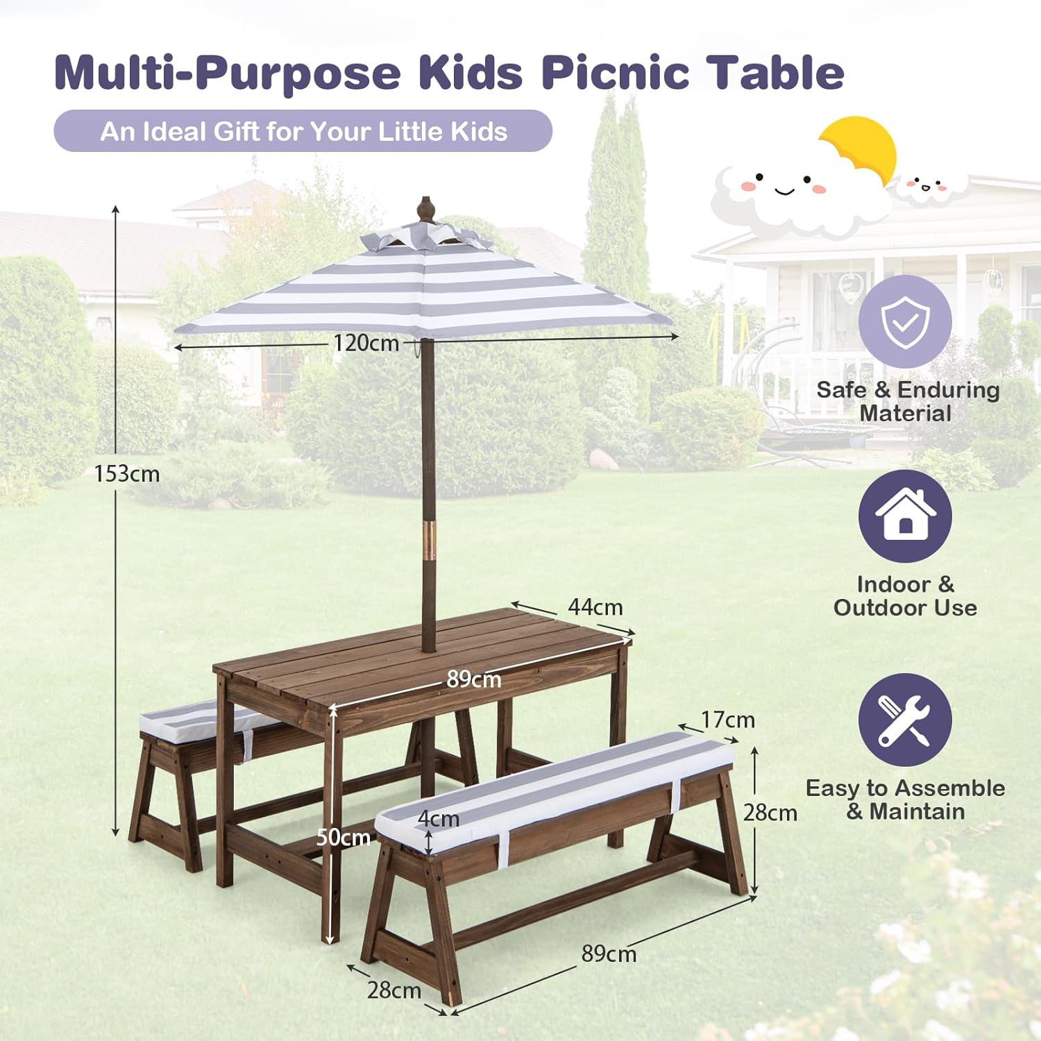 Kids Wooden Picnic Table Bench Set w/Umbrella Cushions