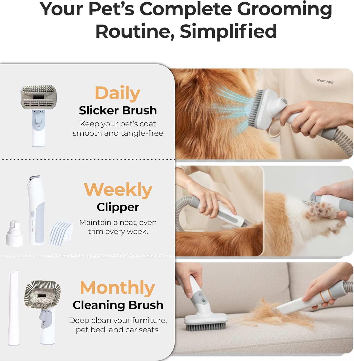 Pet Grooming Vacuum Kit Tangle Free Brush Nail Grinder Gray