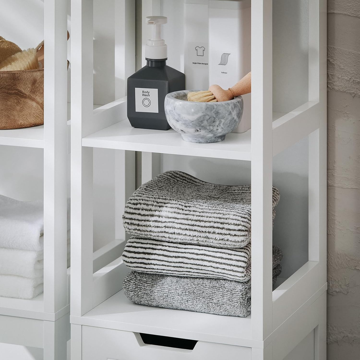 Slim Bathroom Storage Cabinet Laundry Basket Tall Shelf Unit White