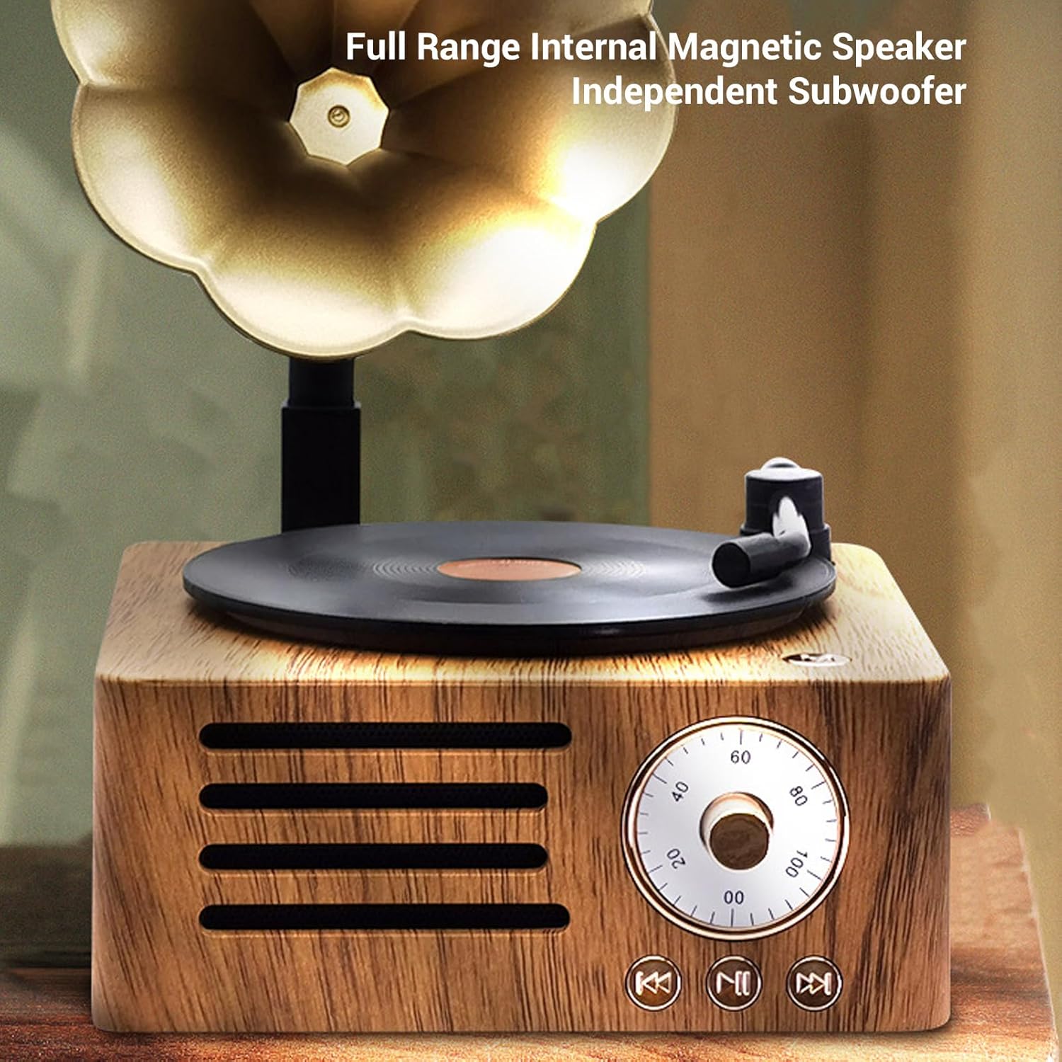 Vintage Bluetooth Speaker with Copper Horn FM Radio Wood Grain