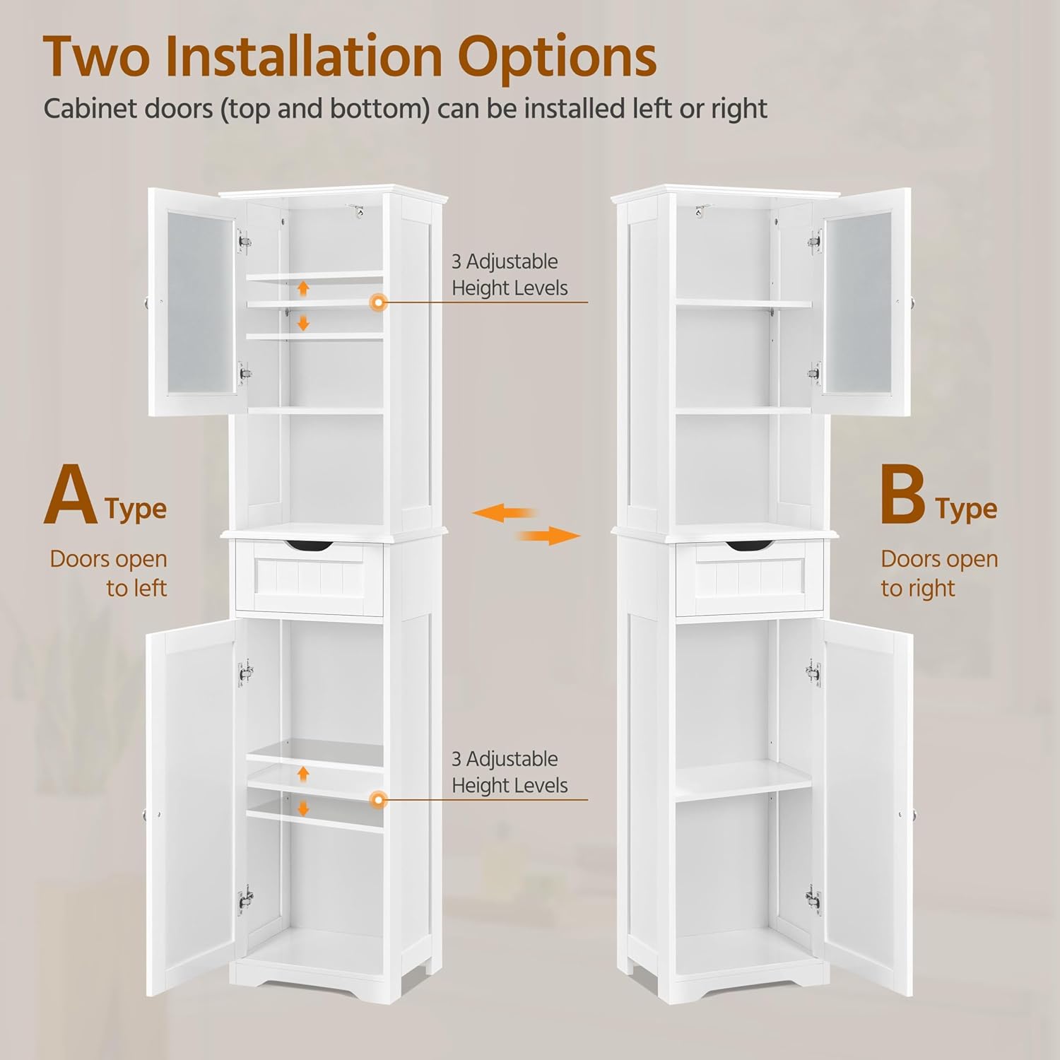 Tall Bathroom Storage Cabinet Glass Door Drawer Shelf
