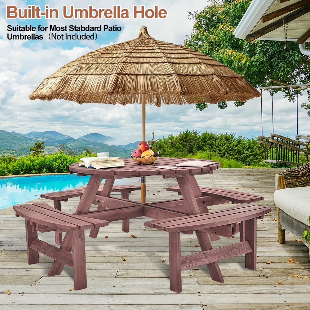 8 Seater Round Wooden Picnic Table Garden Bench Set w/Parasol Hole