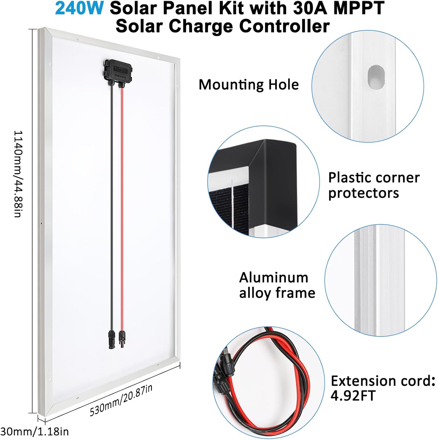 240W Solar Panel Kit MPPT 12V RV Boat Camping Set