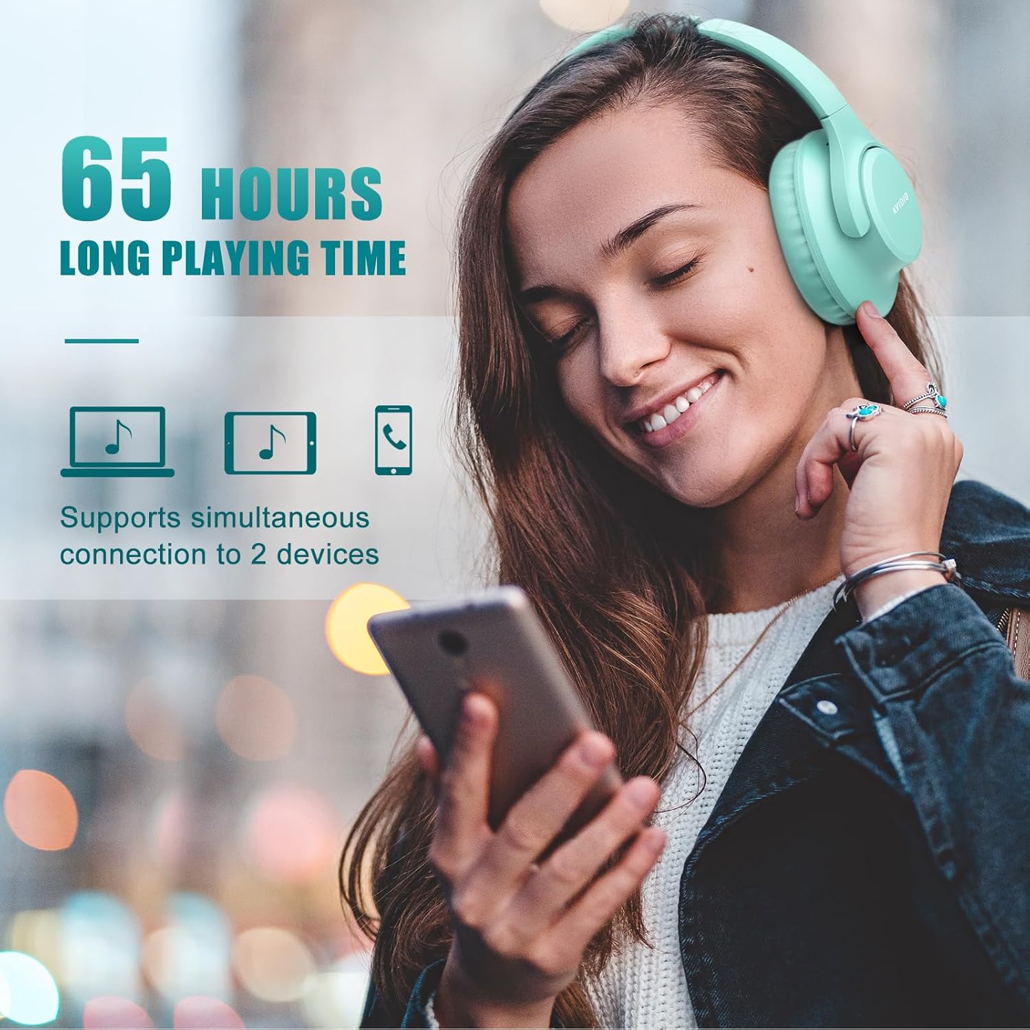 Green Bluetooth Over Ear Headphones 65H Playtime Foldable Deep Bass