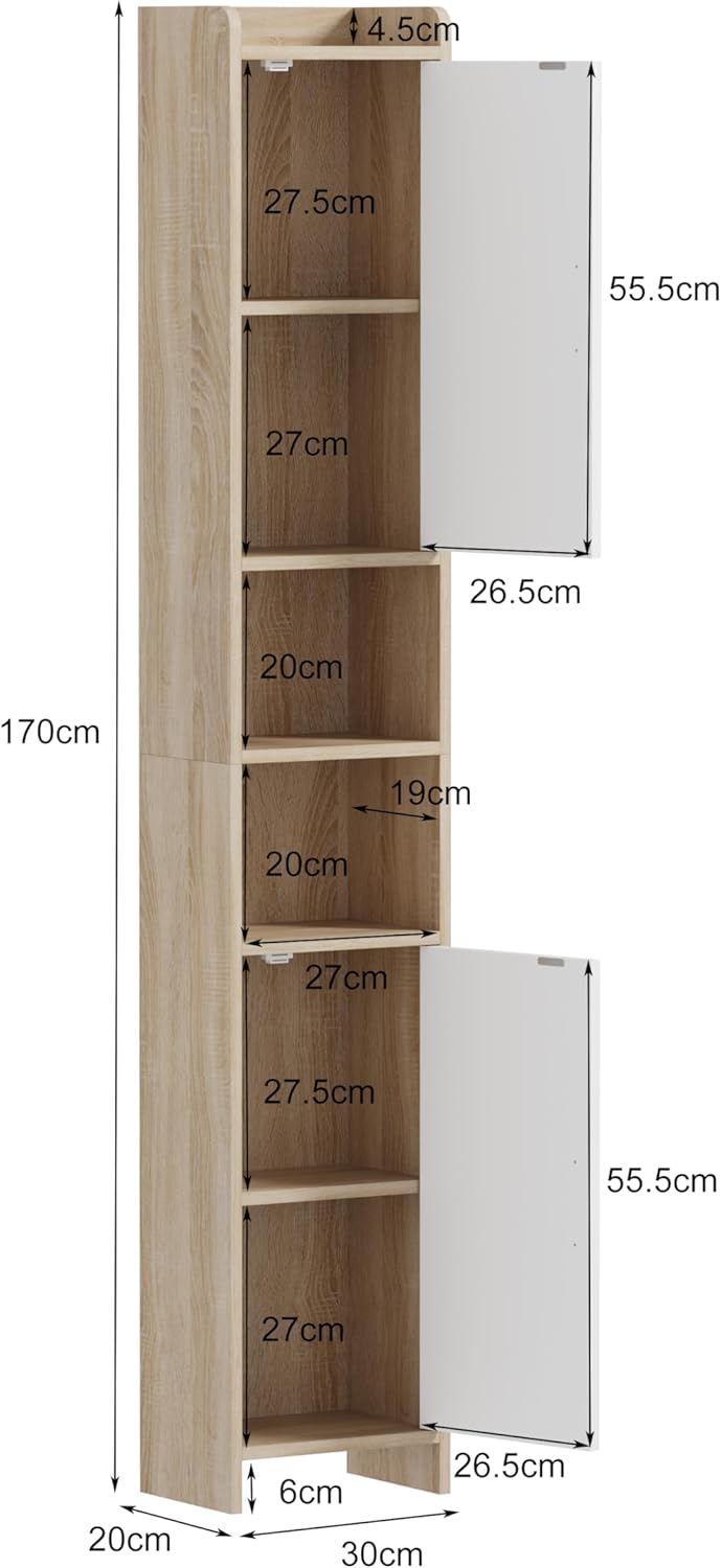 Tall Slim Bathroom Storage Cabinet 2 Doors White Maple 170cm