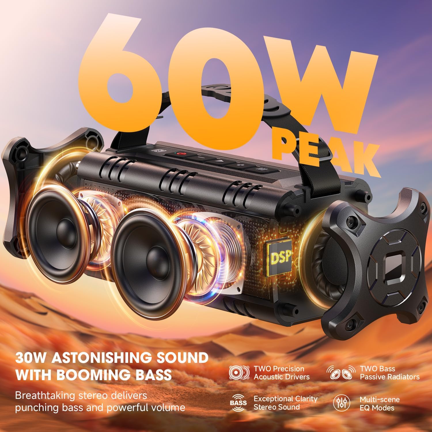 60W Portable Bluetooth Speaker Waterproof Bass 24H TWS USB AUX