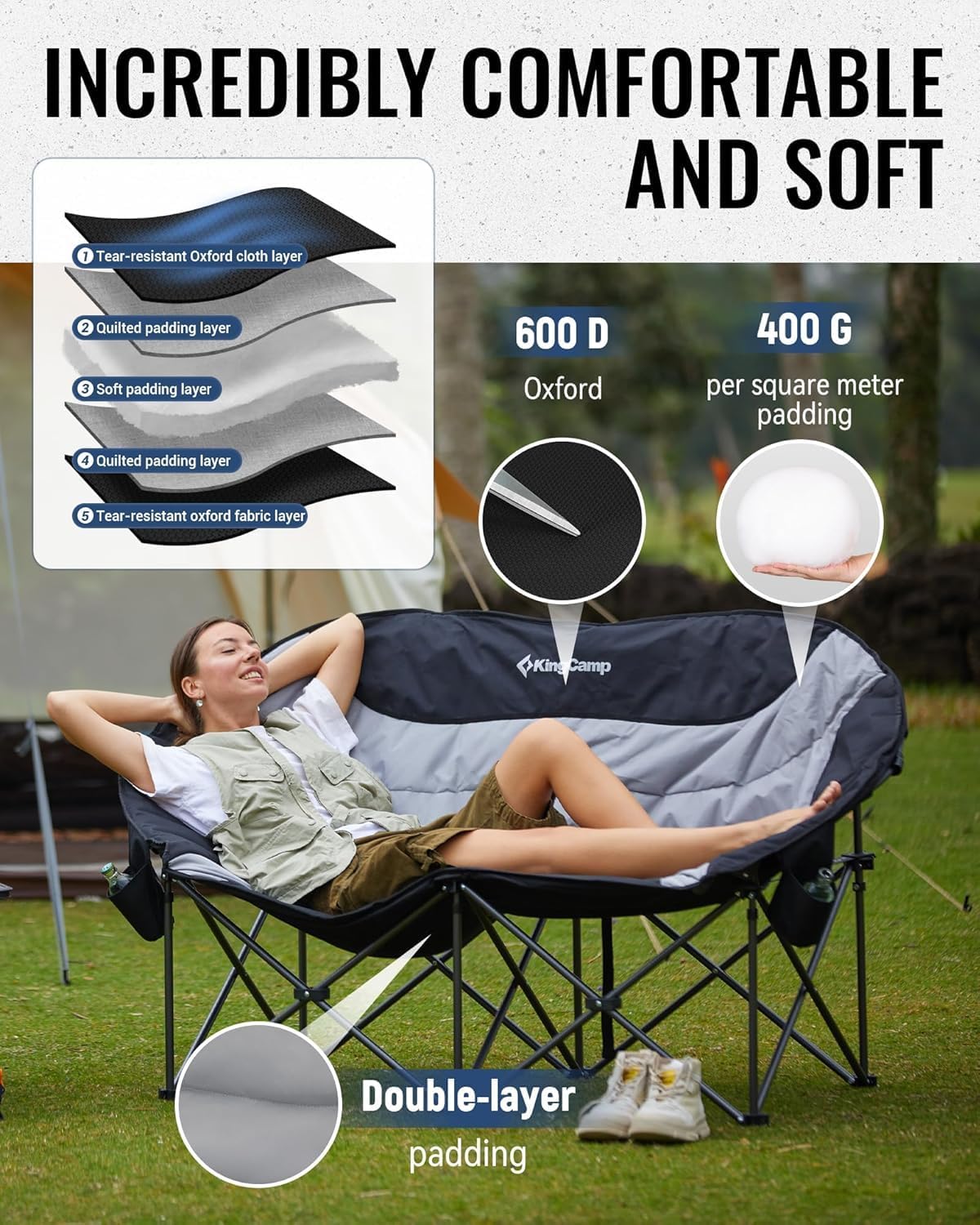 XXL Double Moon Camping Chair 300KG Black Grey
