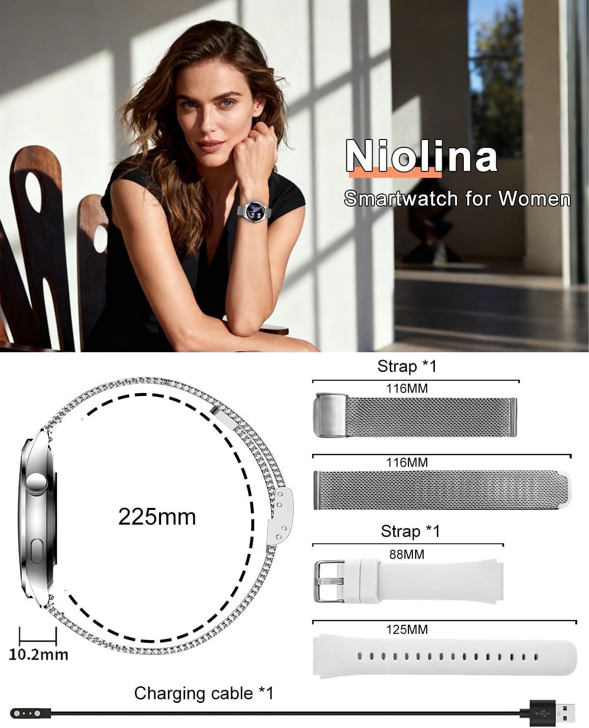 Silver Womens Smart Watch Bluetooth Calls Fitness