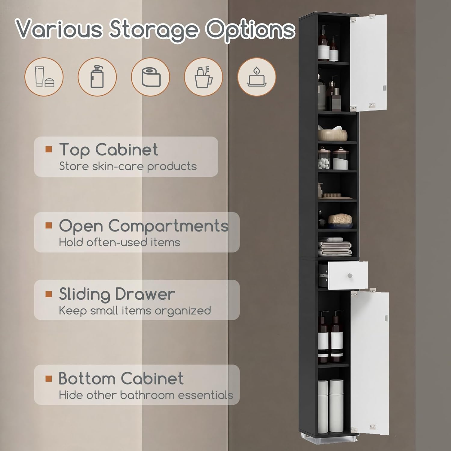 Tall Slim Storage Cabinet Black White Drawer Shelf Unit