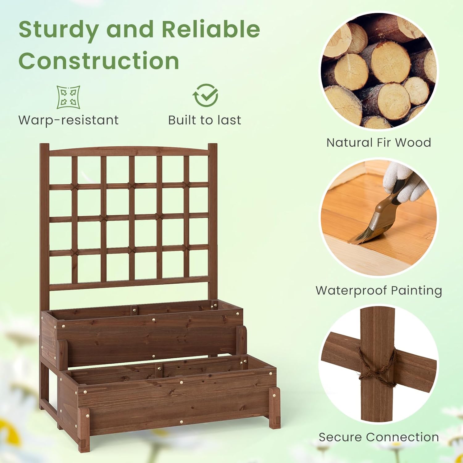 2 Tier Raised Garden Bed with Trellis Wooden Planter 121cm