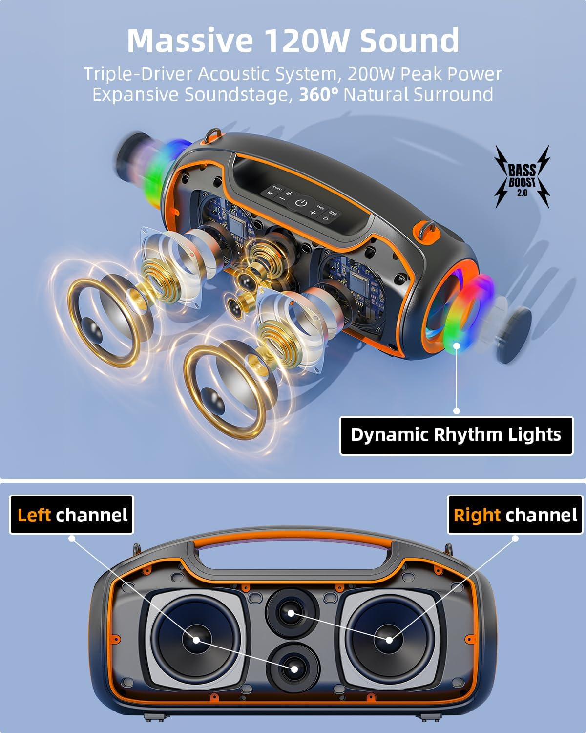 200W Portable Bluetooth Party Speaker Bass IP65 24H TWS
