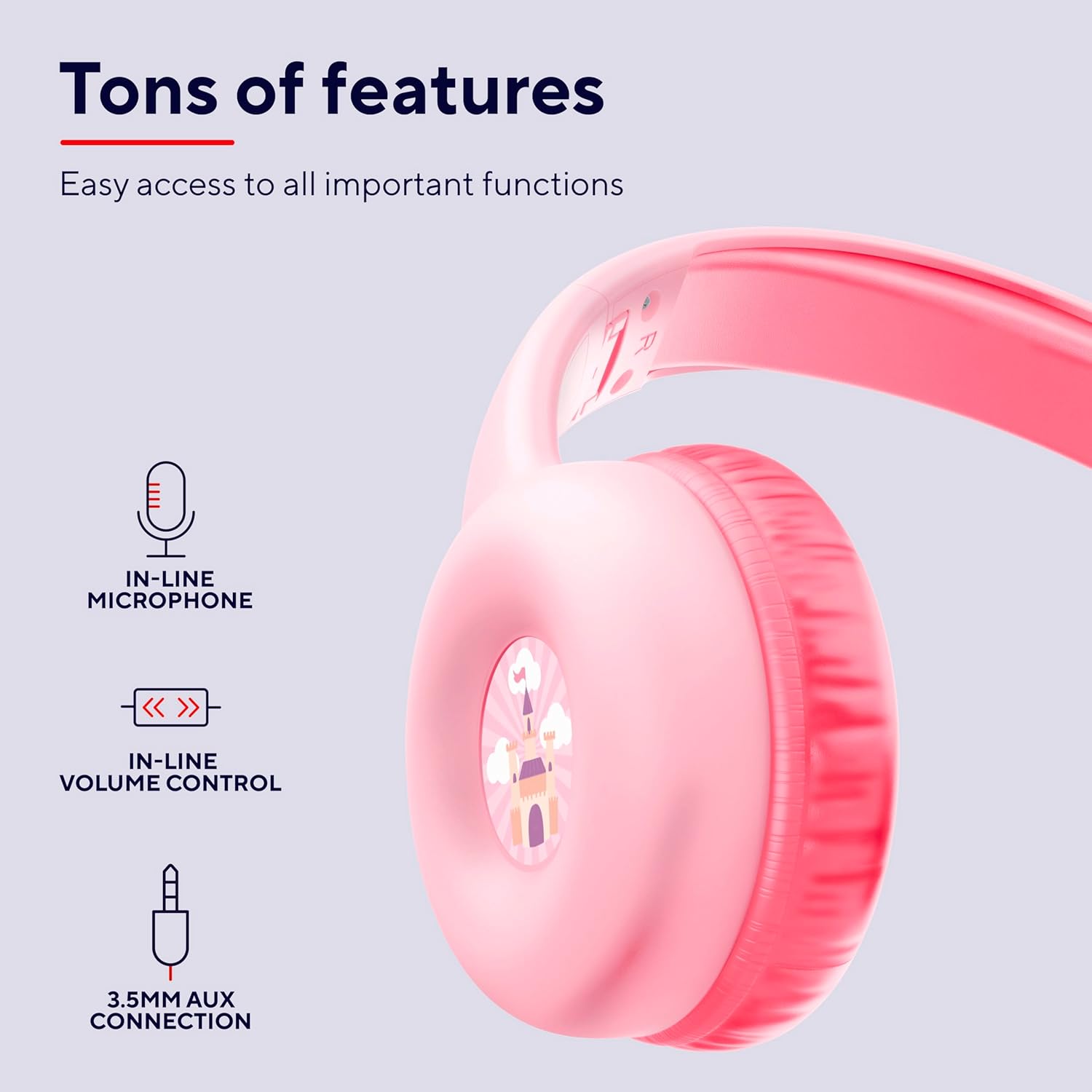 Kids Wired Headphones 85dB Volume Limit Foldable Mic Pink