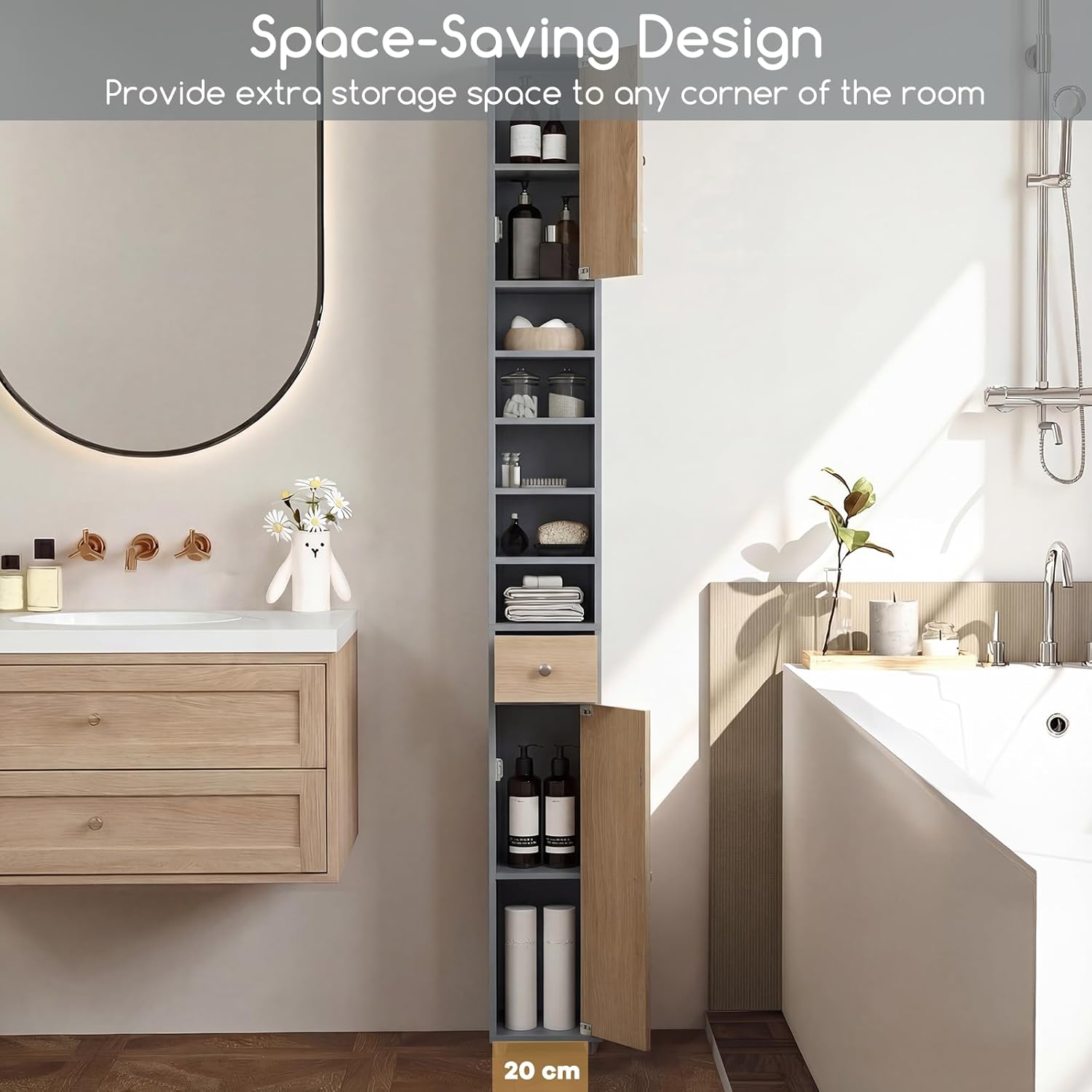 Tall Slim Bathroom Storage Cabinet Drawer Shelves Natural Grey