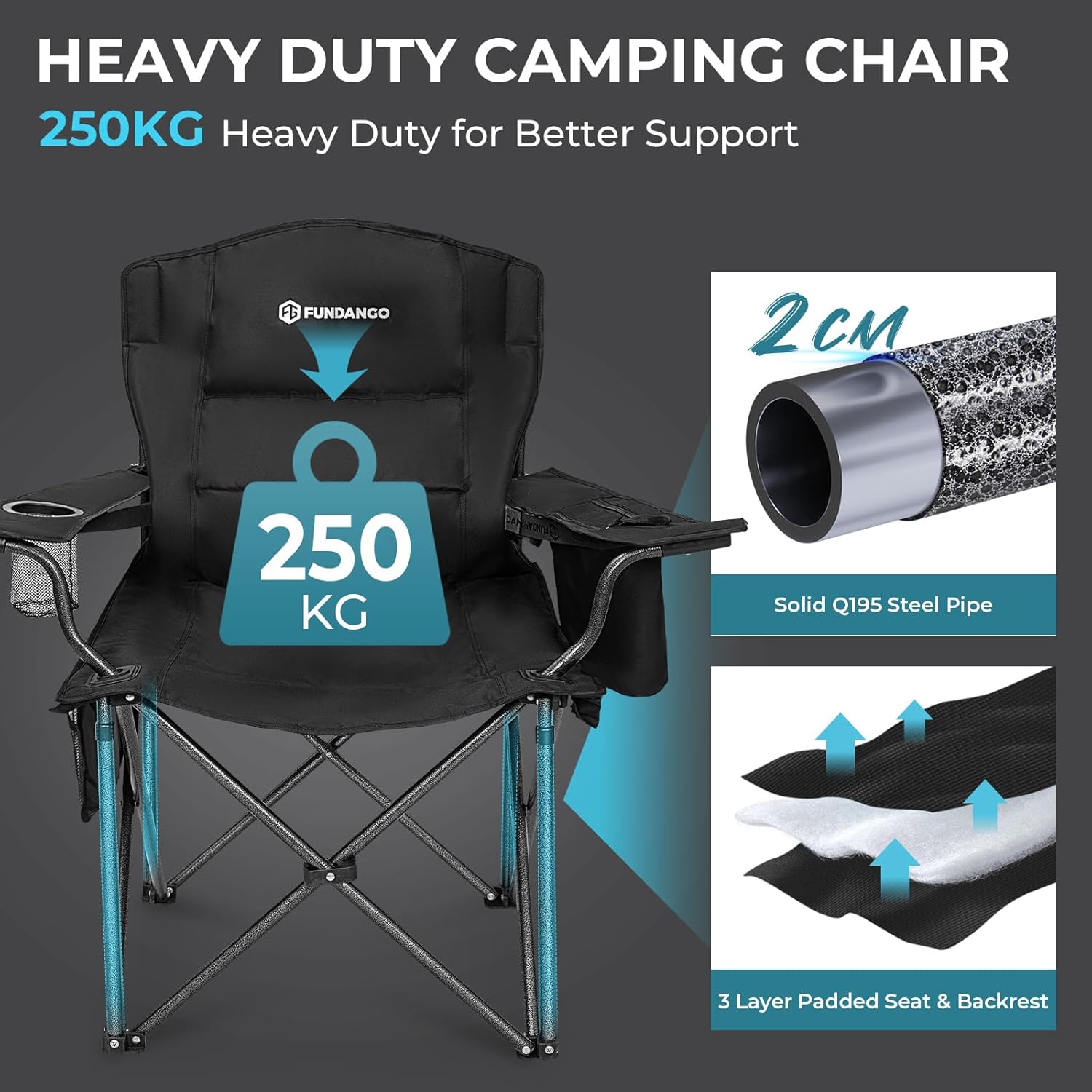 Oversized Camping Chair with Cooler and Lumbar Support Black