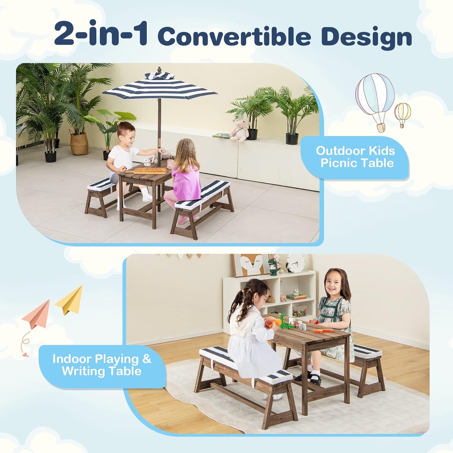 Kids Wooden Picnic Table Bench Set w/Umbrella Blue