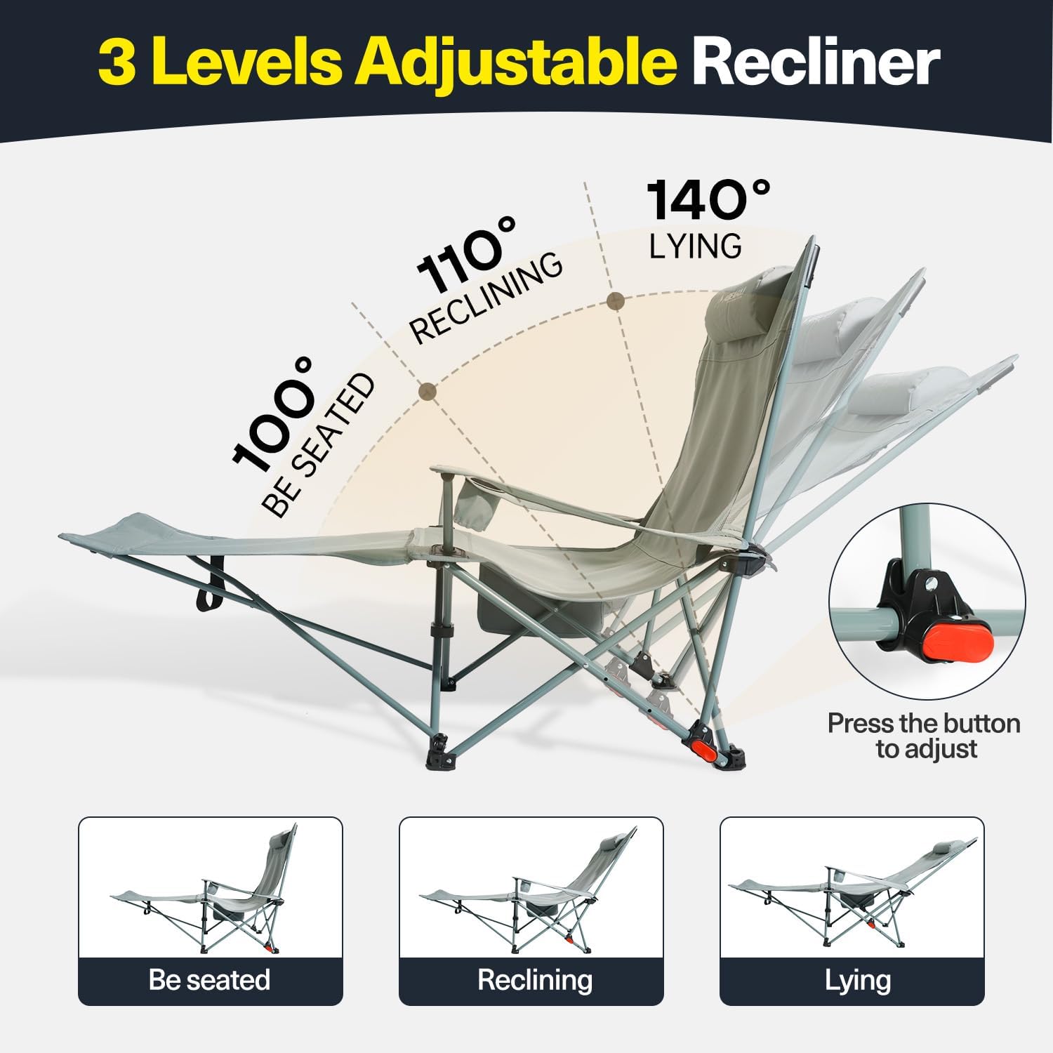 2 Pack Reclining Camping Chairs with Footrest 300lb