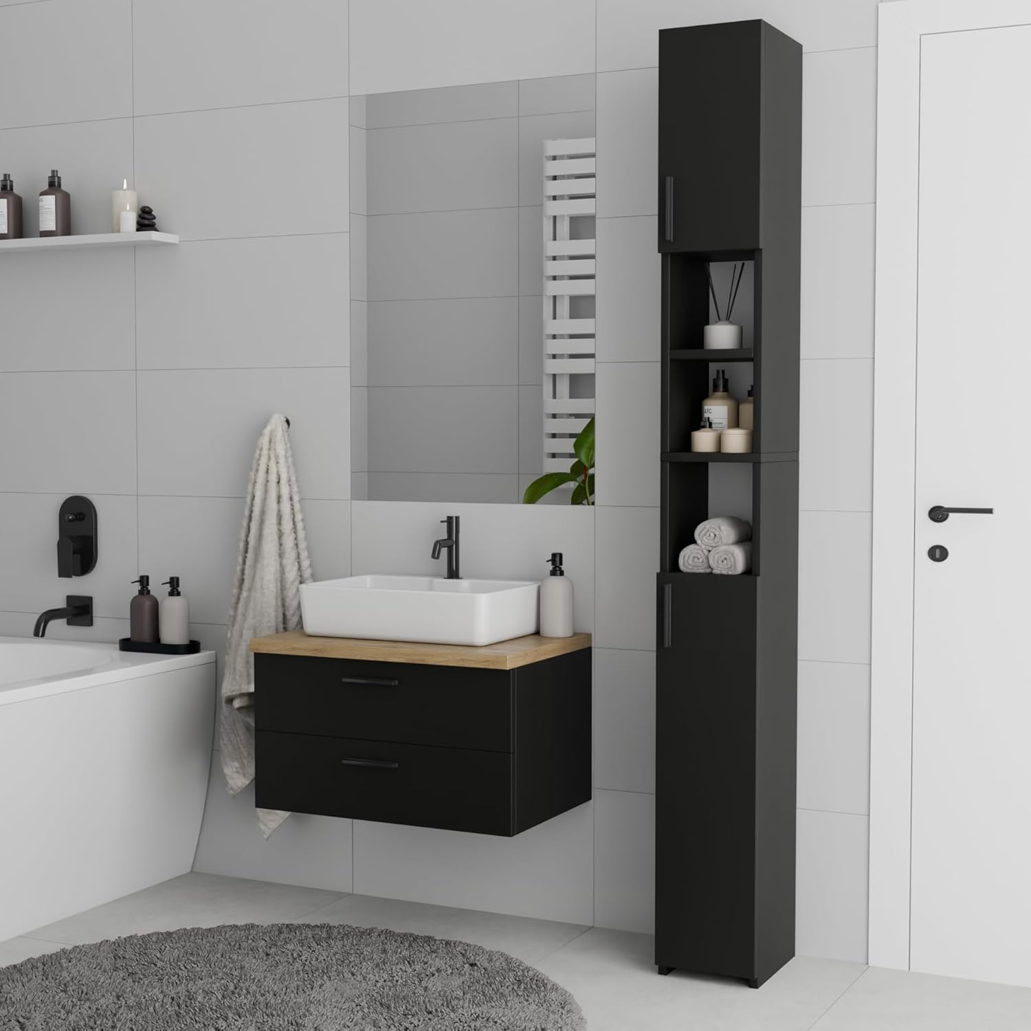 Slim Tall Bathroom Cabinet Black 2 Door Shelf Unit