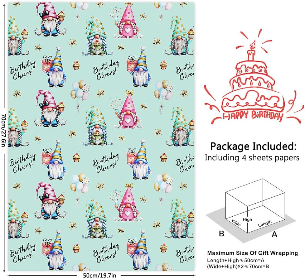 Birthday Gnome Wrapping Paper 4 Sheets Gift Wrap Kids