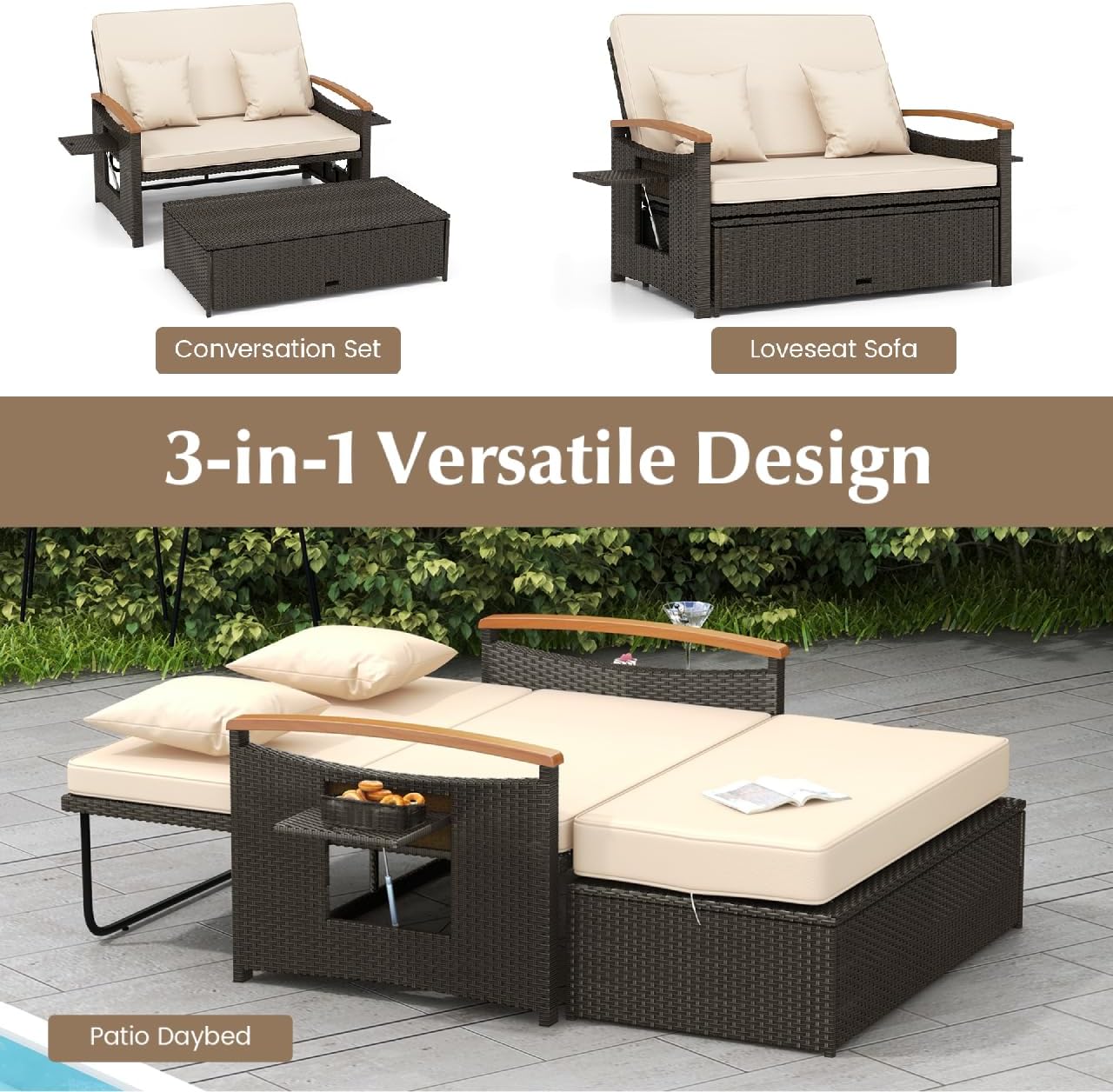 Double Rattan Daybed 2 Seater Sun Lounger Beige