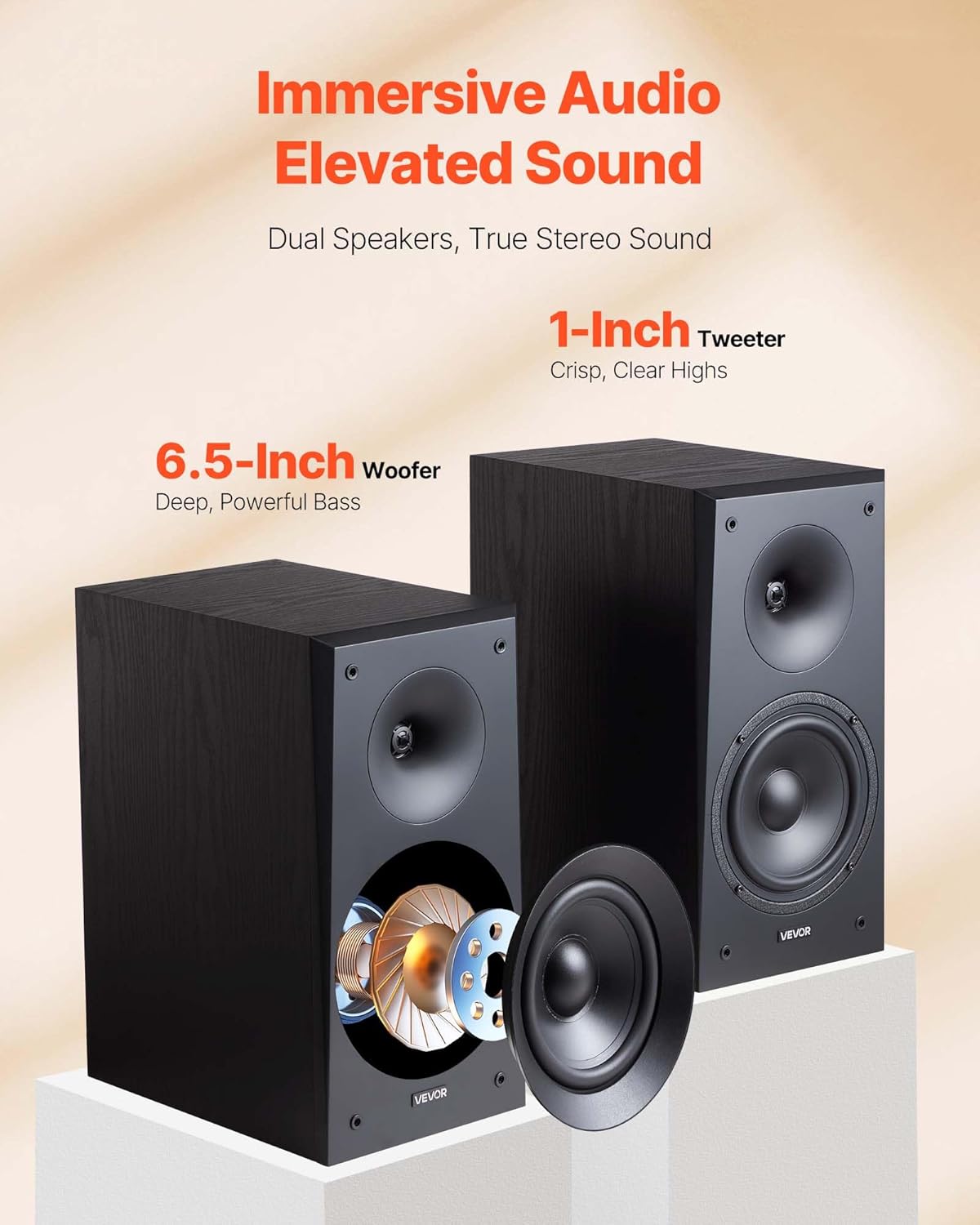Passive Bookshelf Speakers 6.5 Inch Woofer Stereo Home Theater Pair