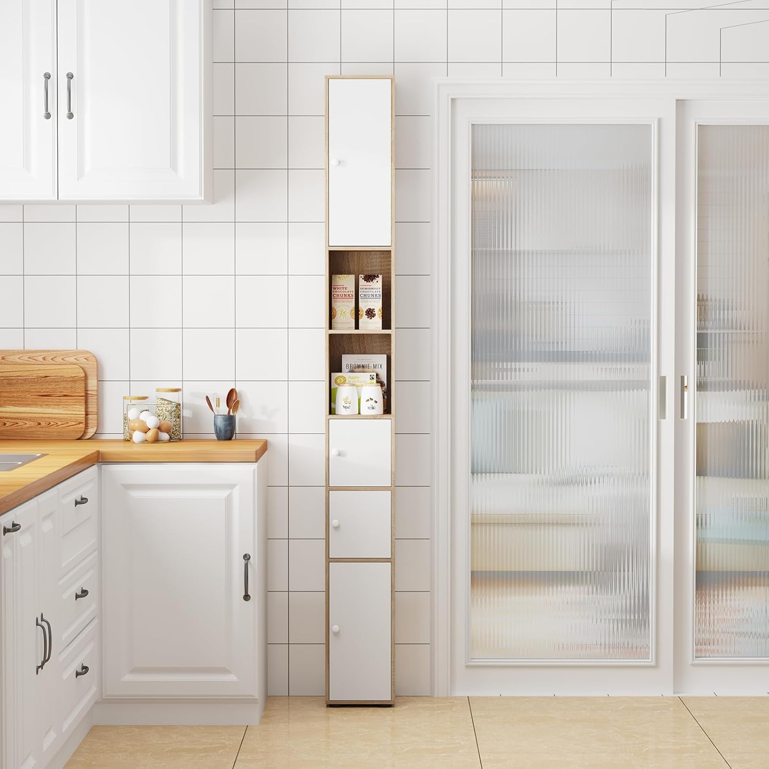Tall Slim Bathroom Storage Cabinet White Walnut Door Unit