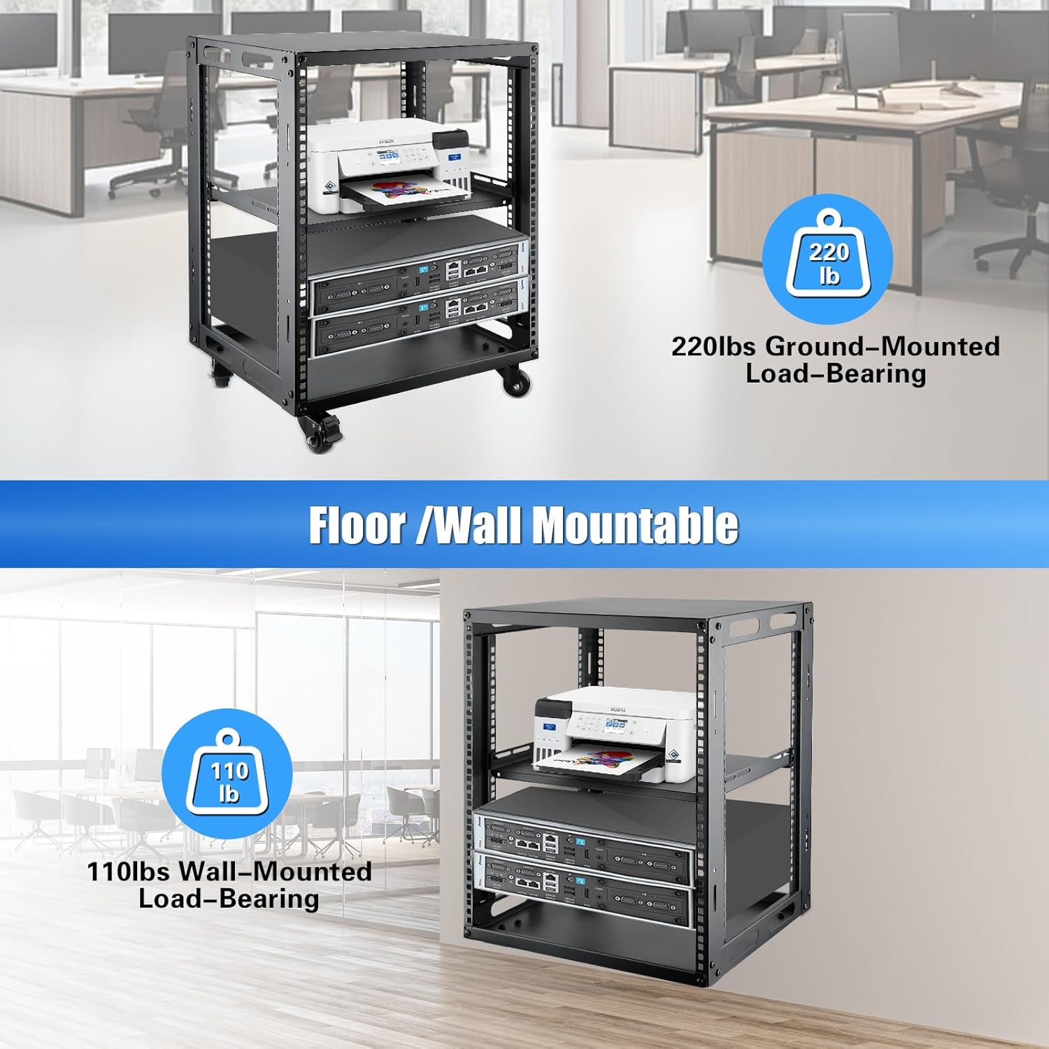 12U Open Frame Server Rack with Wheels 4 Post Mobile Stand