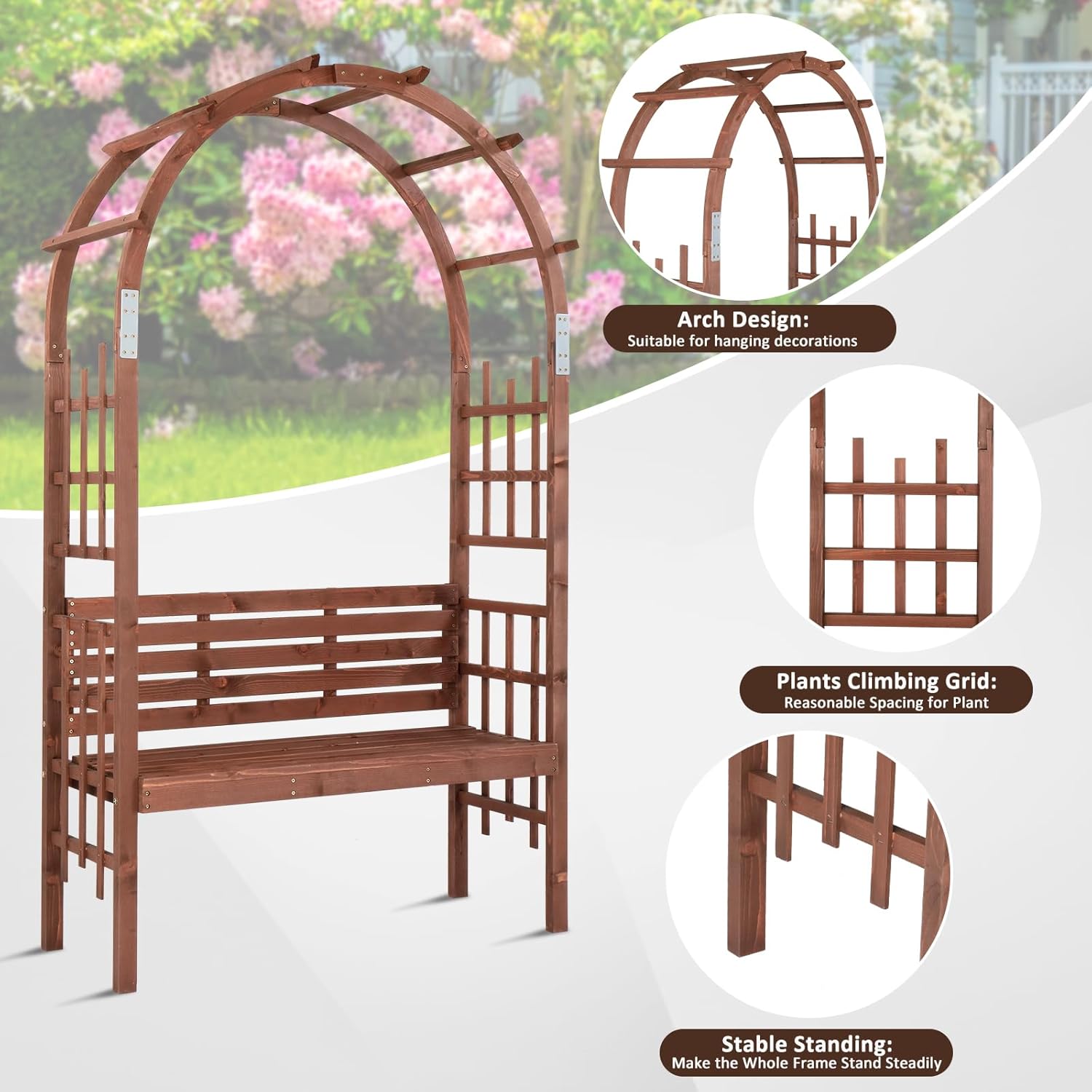 Wooden Garden Arch with Bench 2 Seater Arbour Trellis Pergola Seat