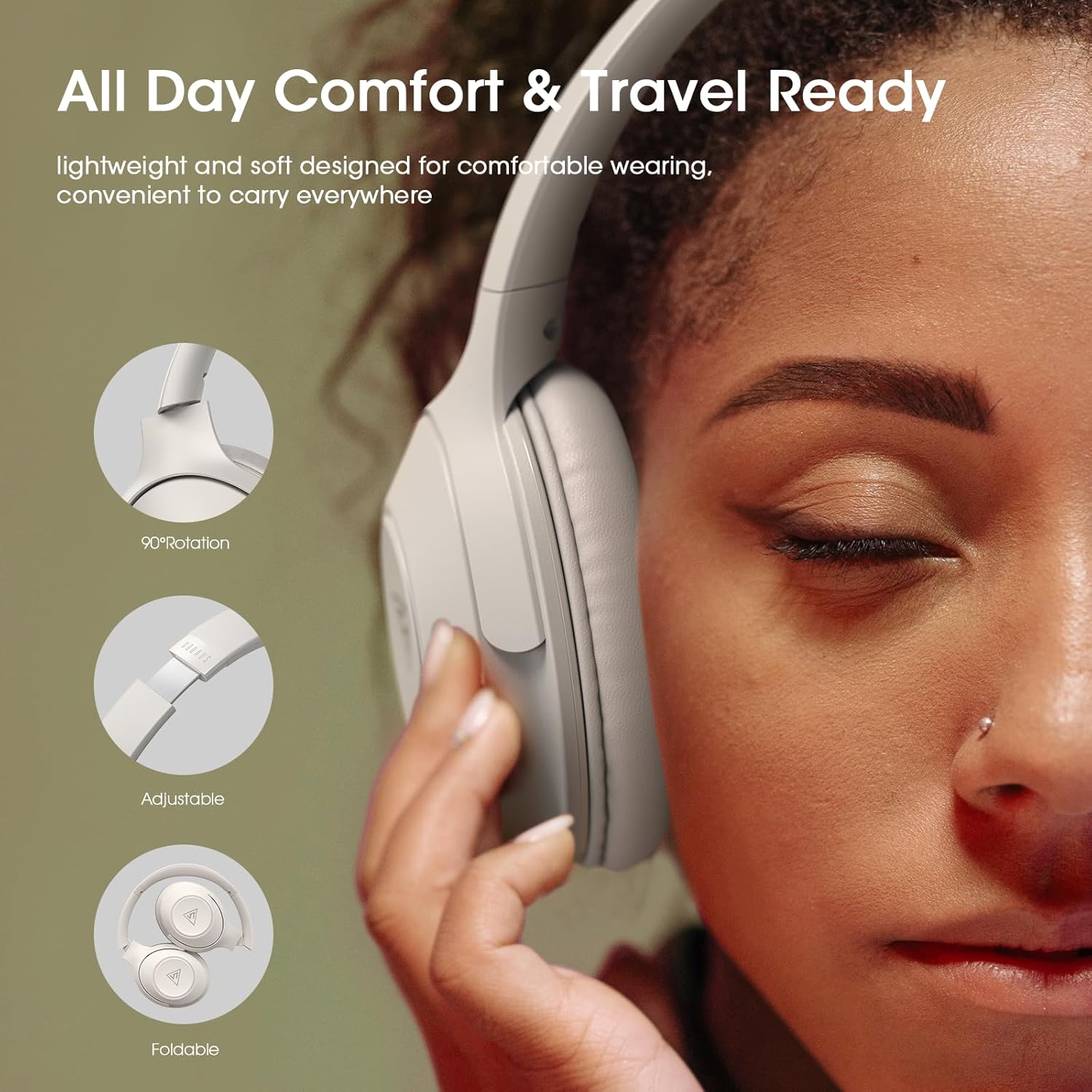 Wireless Bluetooth Over Ear Headphones 70 Hour Battery 3 EQ Light Grey