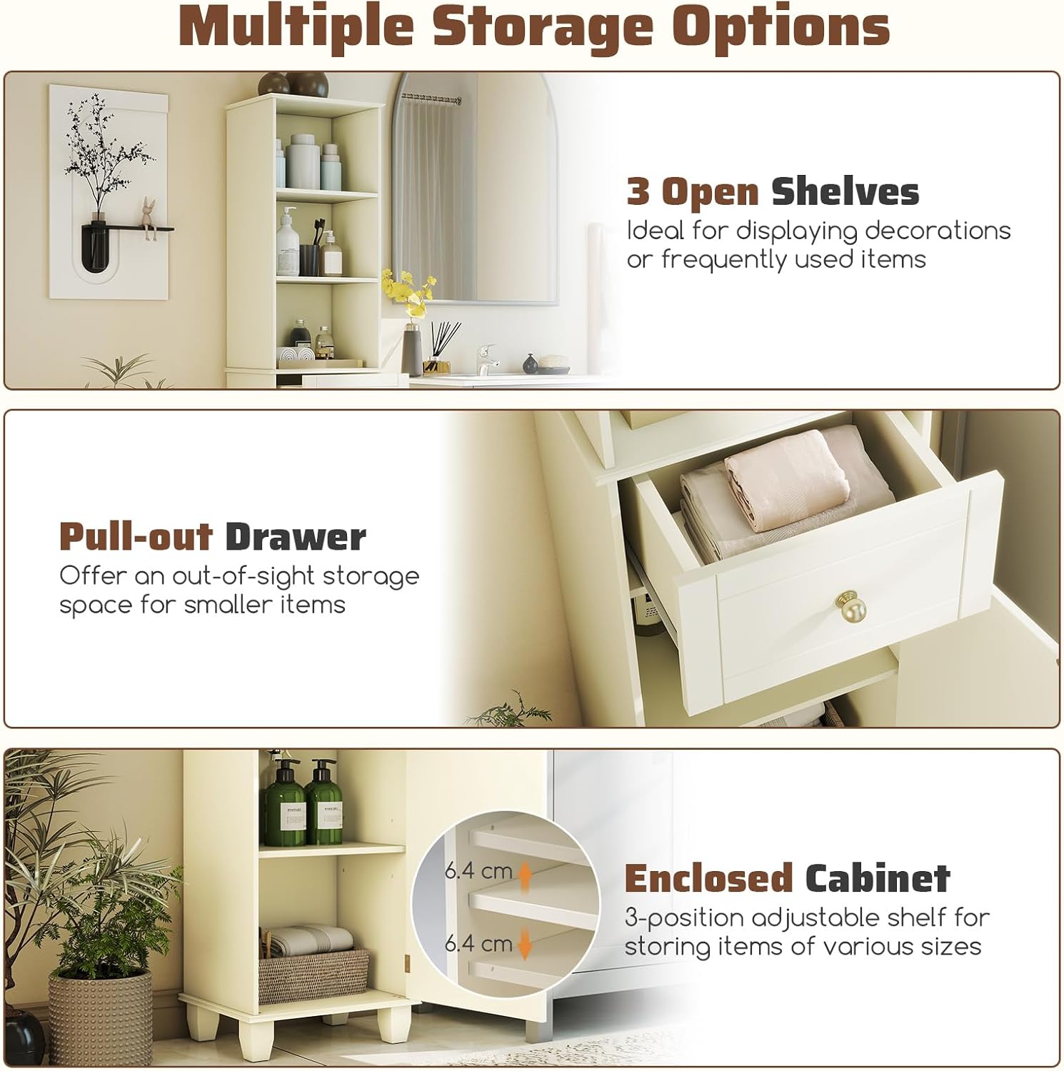 Tall Slim Storage Cabinet Beige Drawer Shelves Door Unit