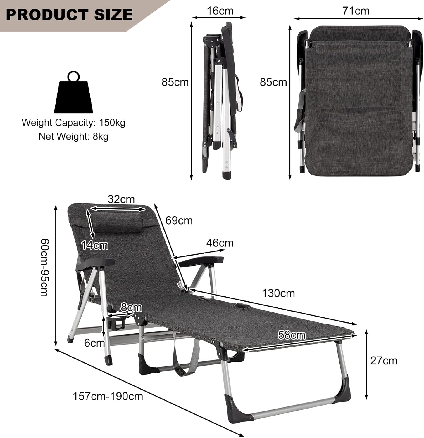 Folding Sun Lounger 7 Position Reclining Chair with Cup Holder Grey