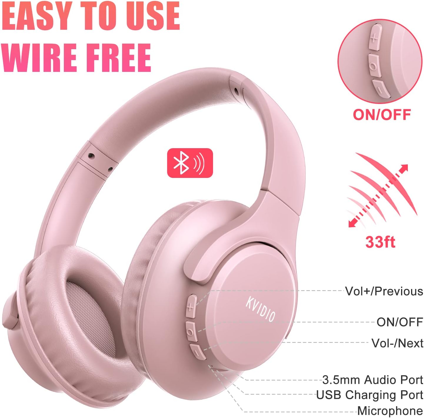 Pink Bluetooth Over Ear Headphones 65H Playtime Foldable Deep Bass