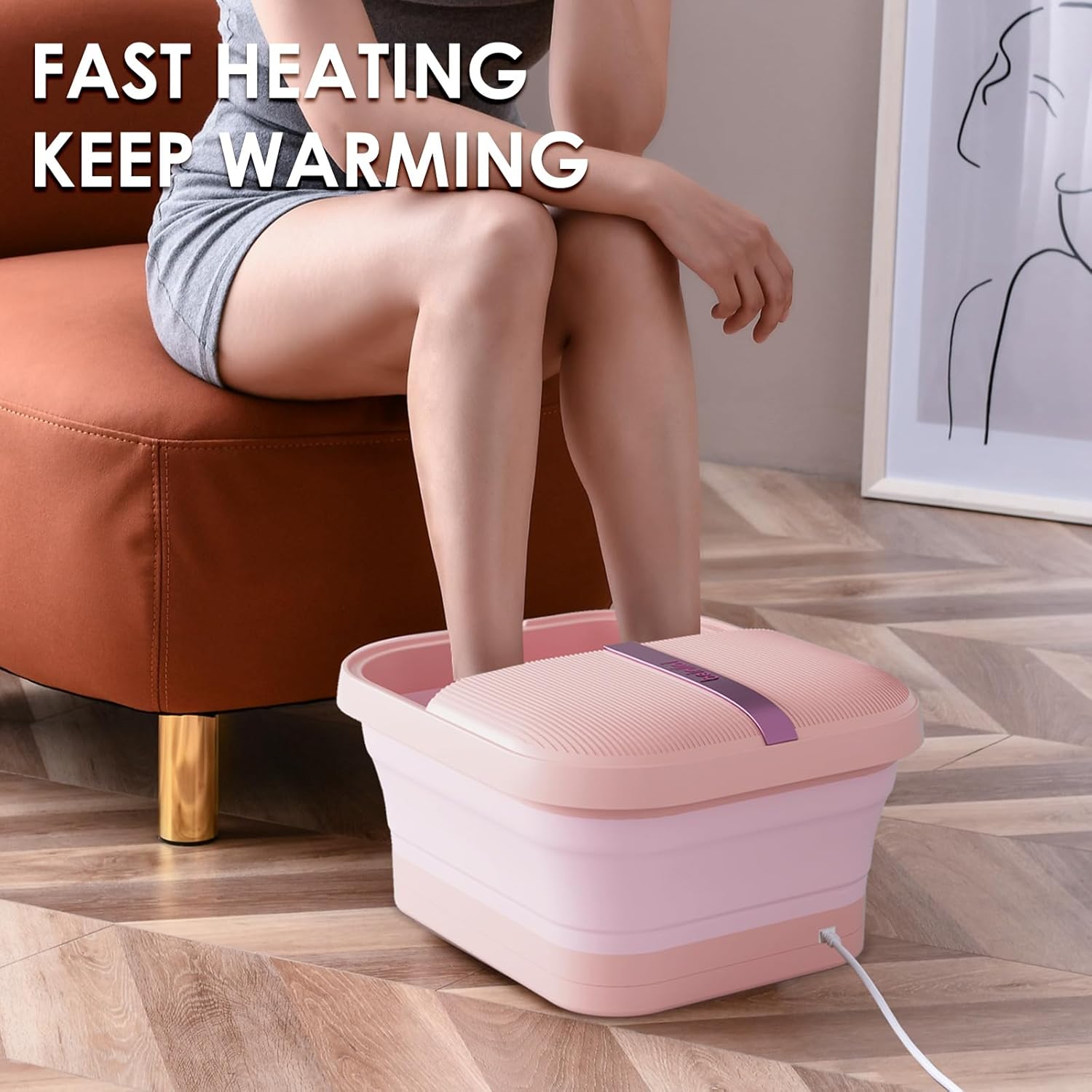 Collapsible Foot Spa Massager Heat Bubble Vibration Rollers Pink