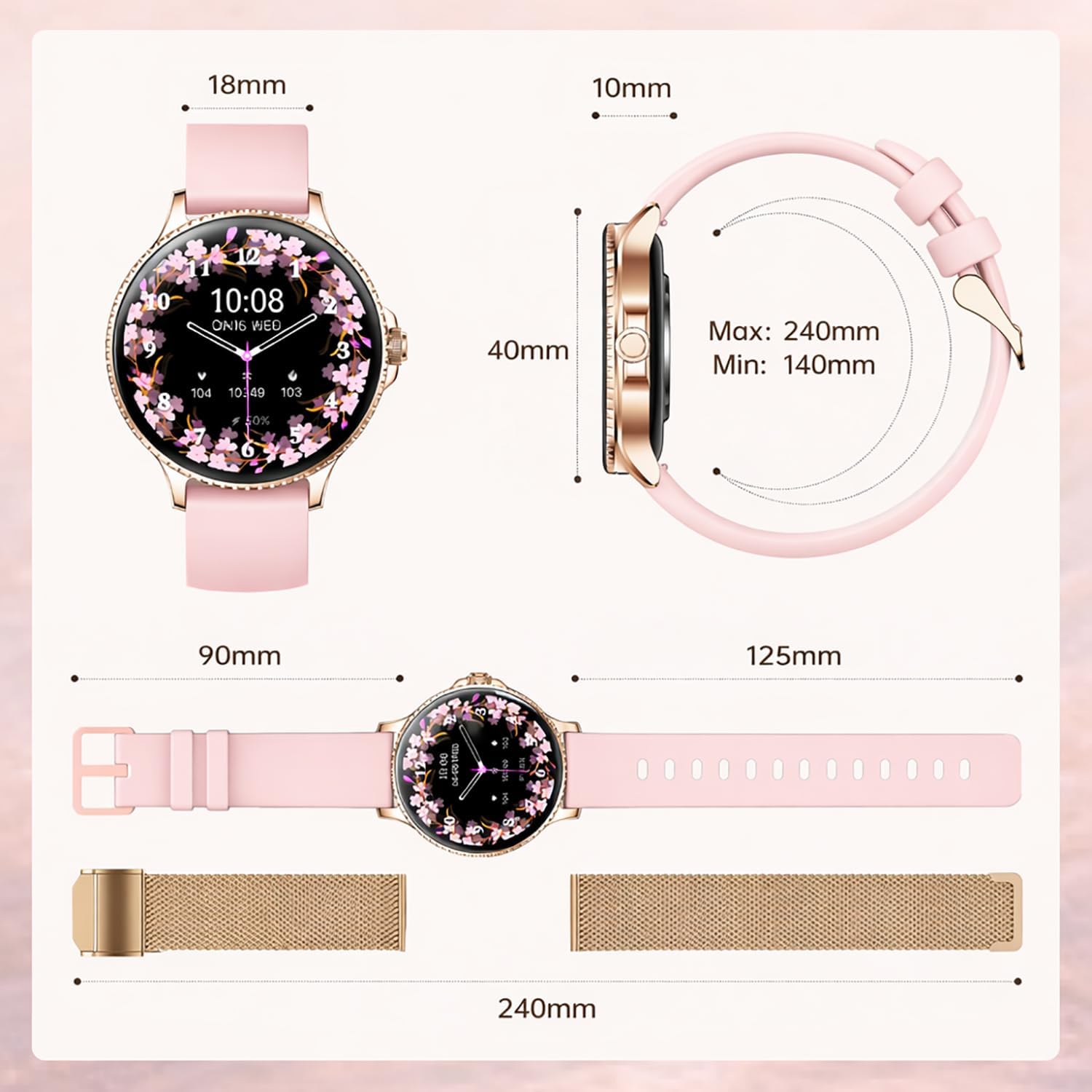 Rose Gold Womens Smart Watch Bluetooth Call Fitness