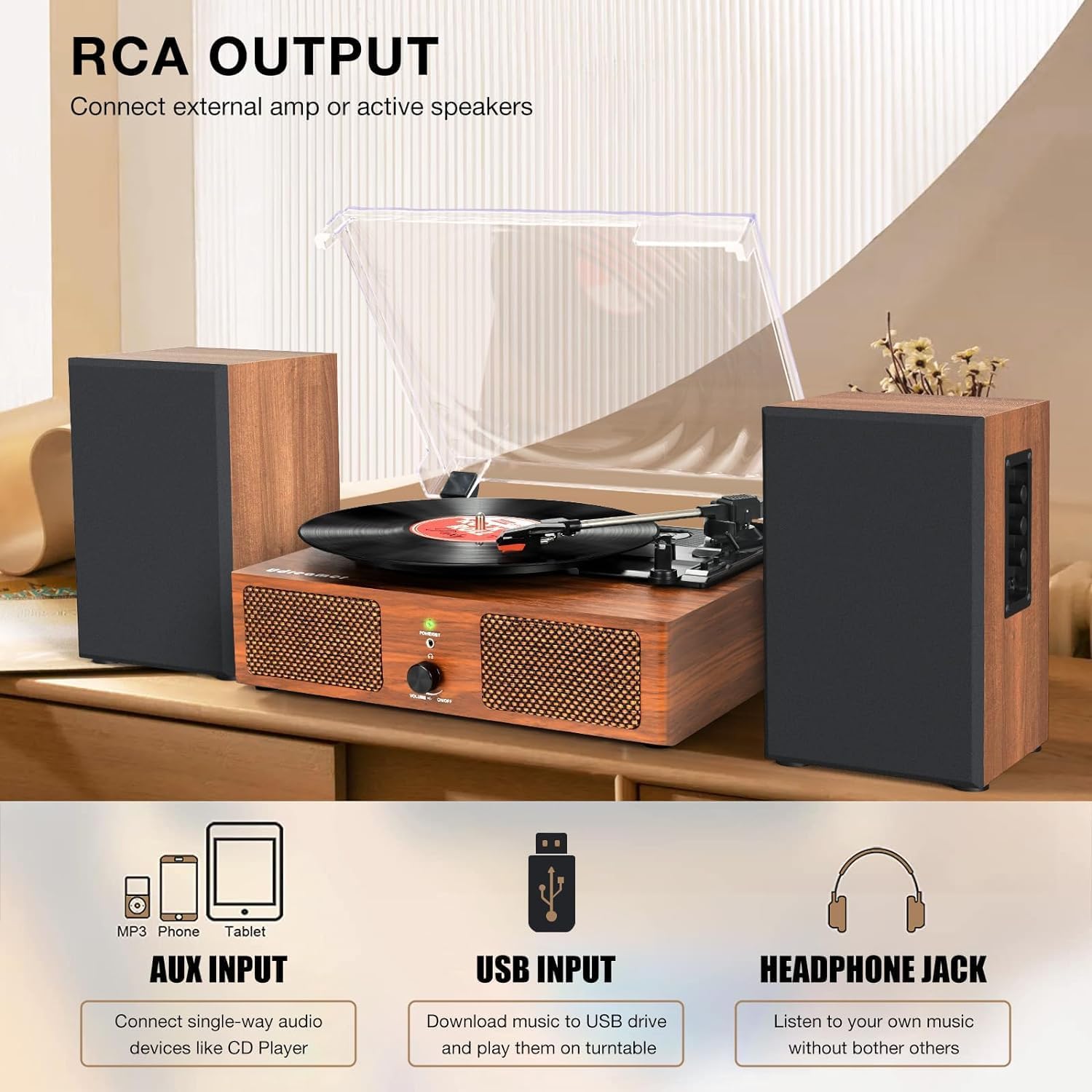 3-Speed Belt-Drive Vinyl Turntable with Built-in Speakers & USB