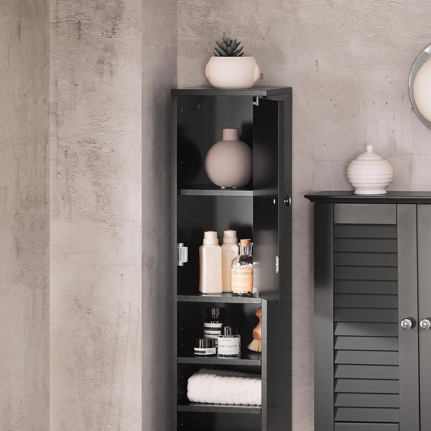 Tall Slim Bathroom Storage Cabinet 20cm Black Drawer 180cm