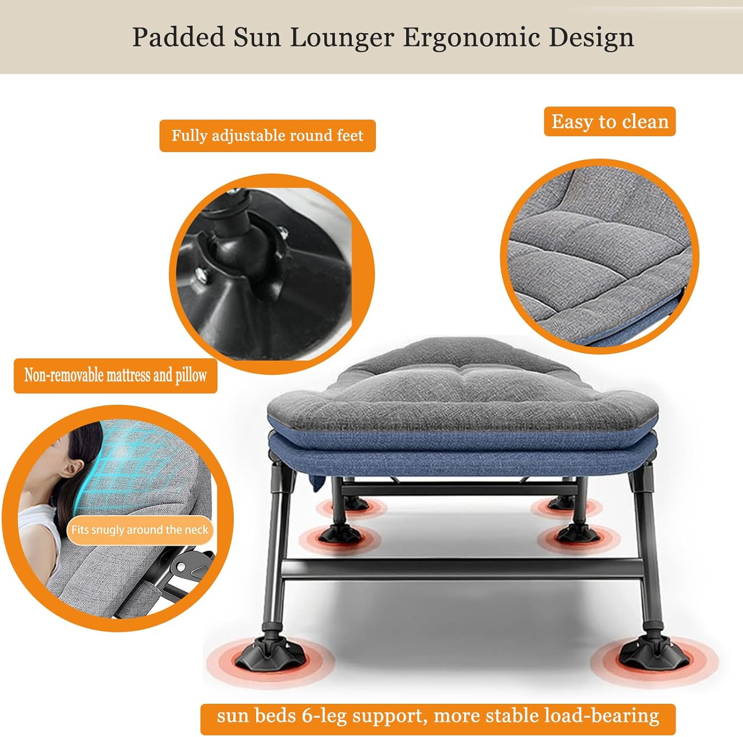 Foldable Sun Lounger Bed Grey 5 Position Recliner