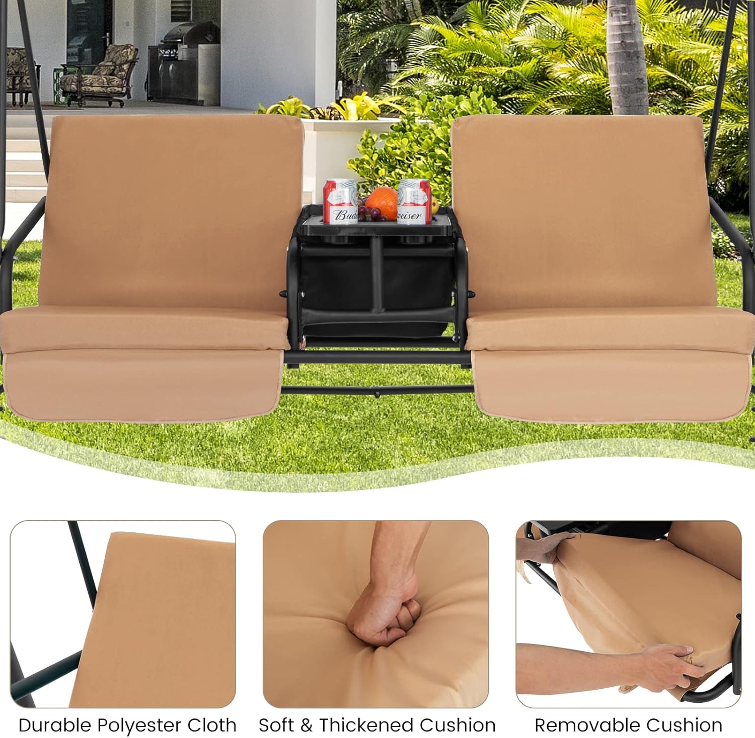 Beige 2 Seater Swing Chair with Canopy Cooler Tray