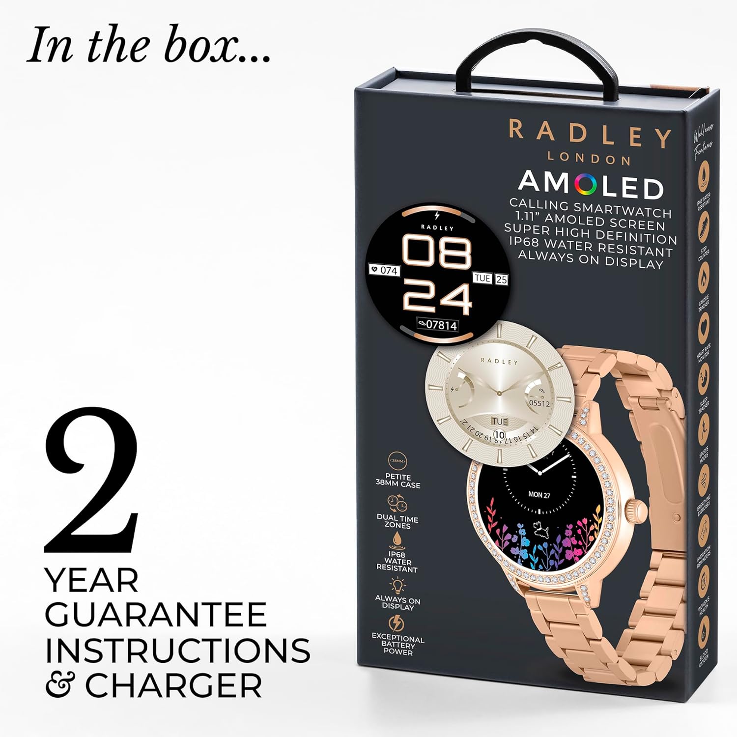 Rose Gold Ladies AMOLED Smart Watch Fitness Tracker Heart Rate Monitor