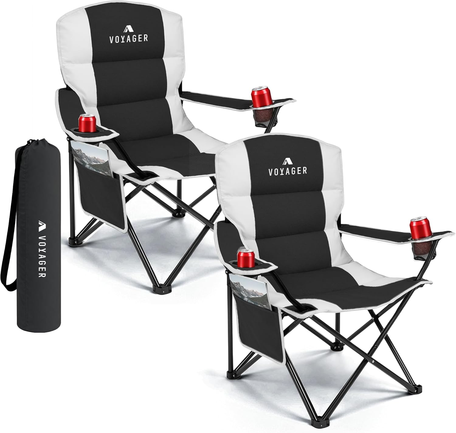 Padded Folding Camping Chairs 2 Pack Cooler Bag Black