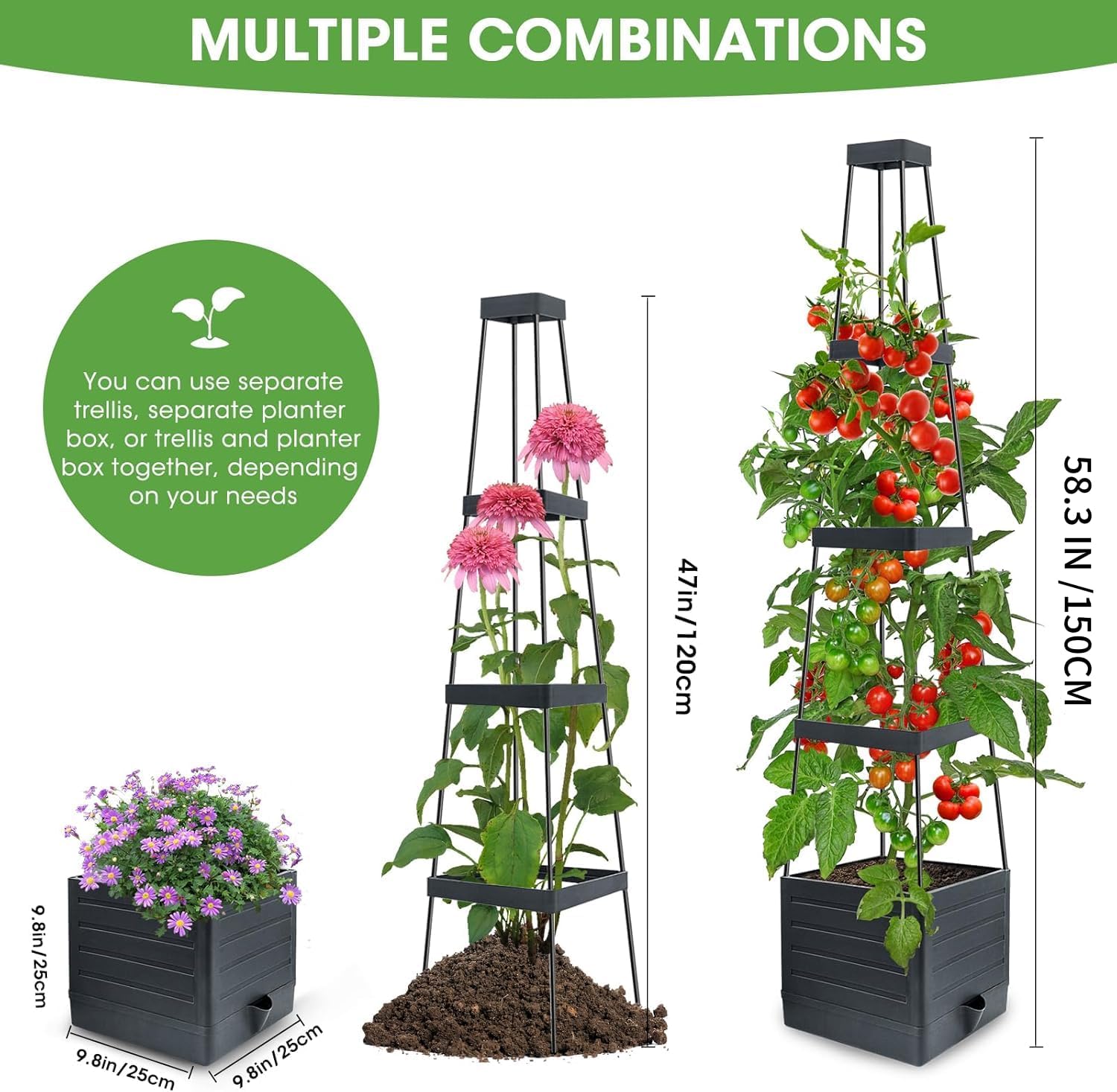 2 Pack Raised Garden Bed Planter with Trellis Self Watering Black