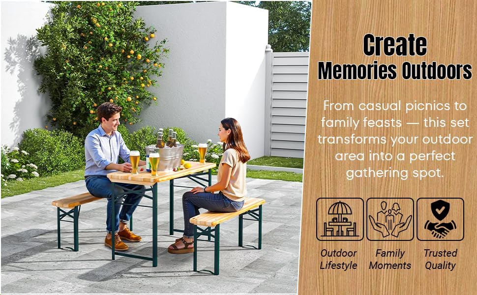 Folding Wooden Picnic Table & Bench Set Portable Beer Garden Set