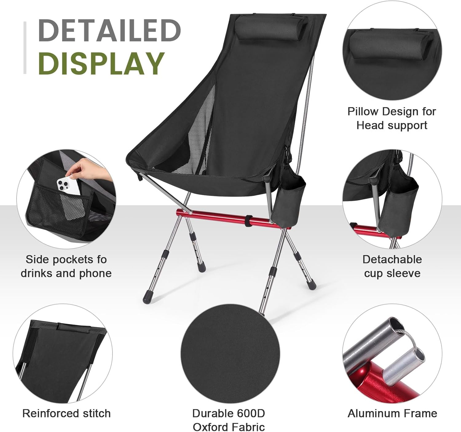 Foldable Camping Chair High Back Adjustable Black