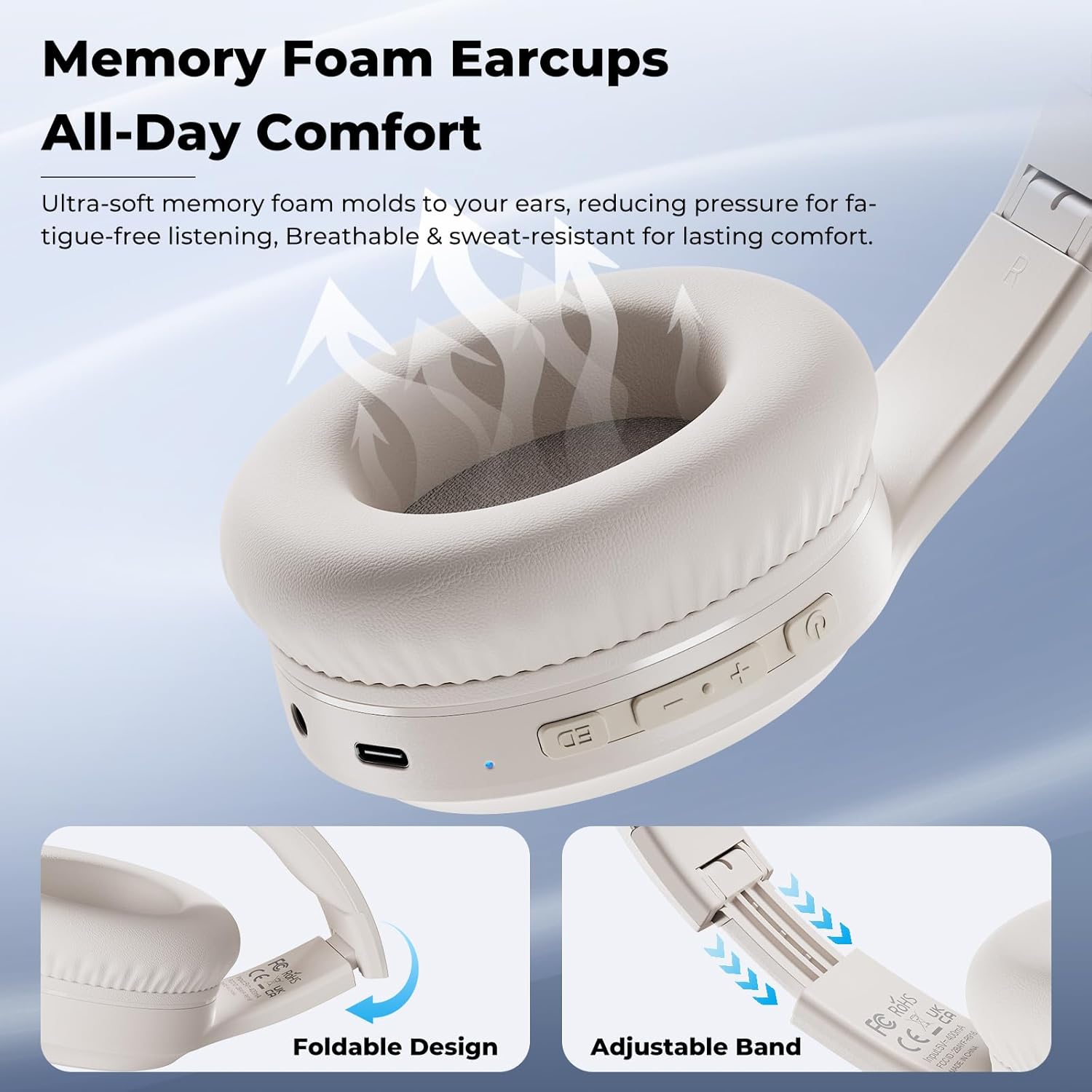 Wireless Bluetooth Over Ear Headphones 70Hr Battery Deep Bass White
