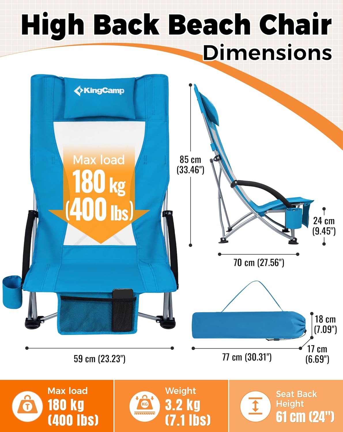 Low Beach Chairs 2 Pack Folding Mesh Seat 180KG Blue