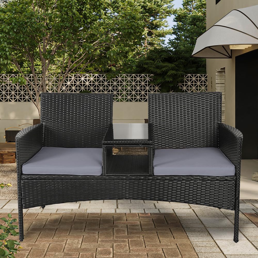 2 Seater Rattan Garden Bench w/Glass Table Patio Loveseat